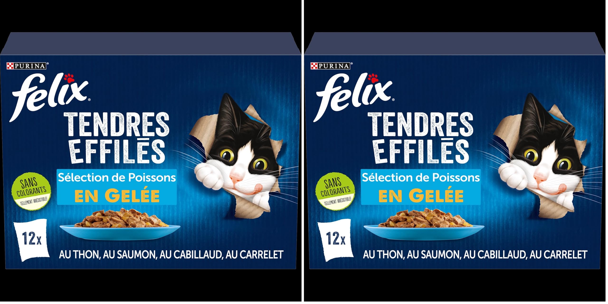 FELIX | Tendres Effilés | Chat Adulte | en Gelée | Alimentation complète | Sélection de Poisson : au Thon, Cabillaud, Saumon et Carrelet | Sachets Fraîcheurs | Lot de 12 x (12 x 85g)