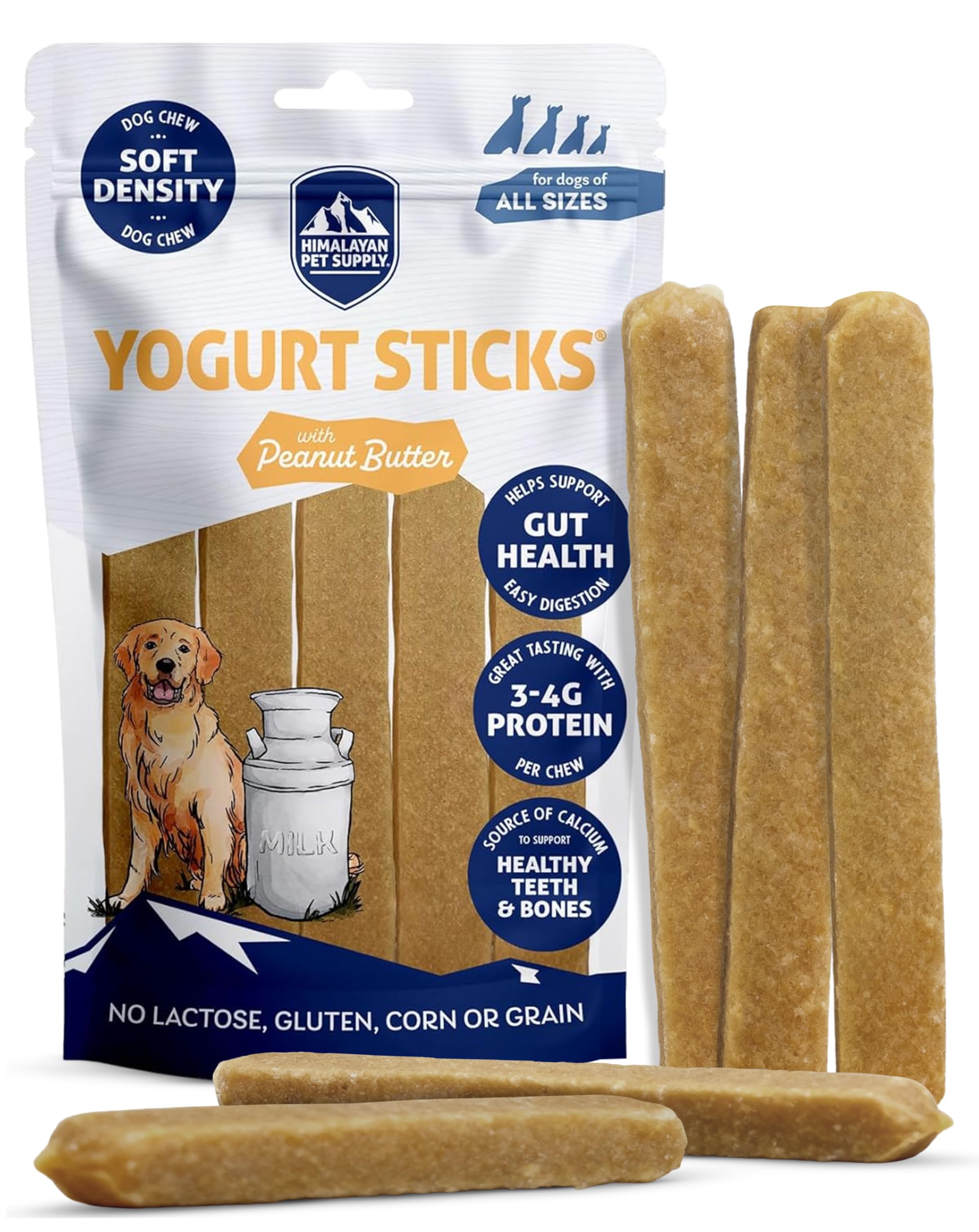Himalayan Dog Chew Yogurt Sticks, Peanut Butter, Dog Treats With Prebiotics, Probiotics & Protein, Digestive Support, Lactose & Gluten Free, Natural Dog Treat for All Breeds, Made in America, 5 Count