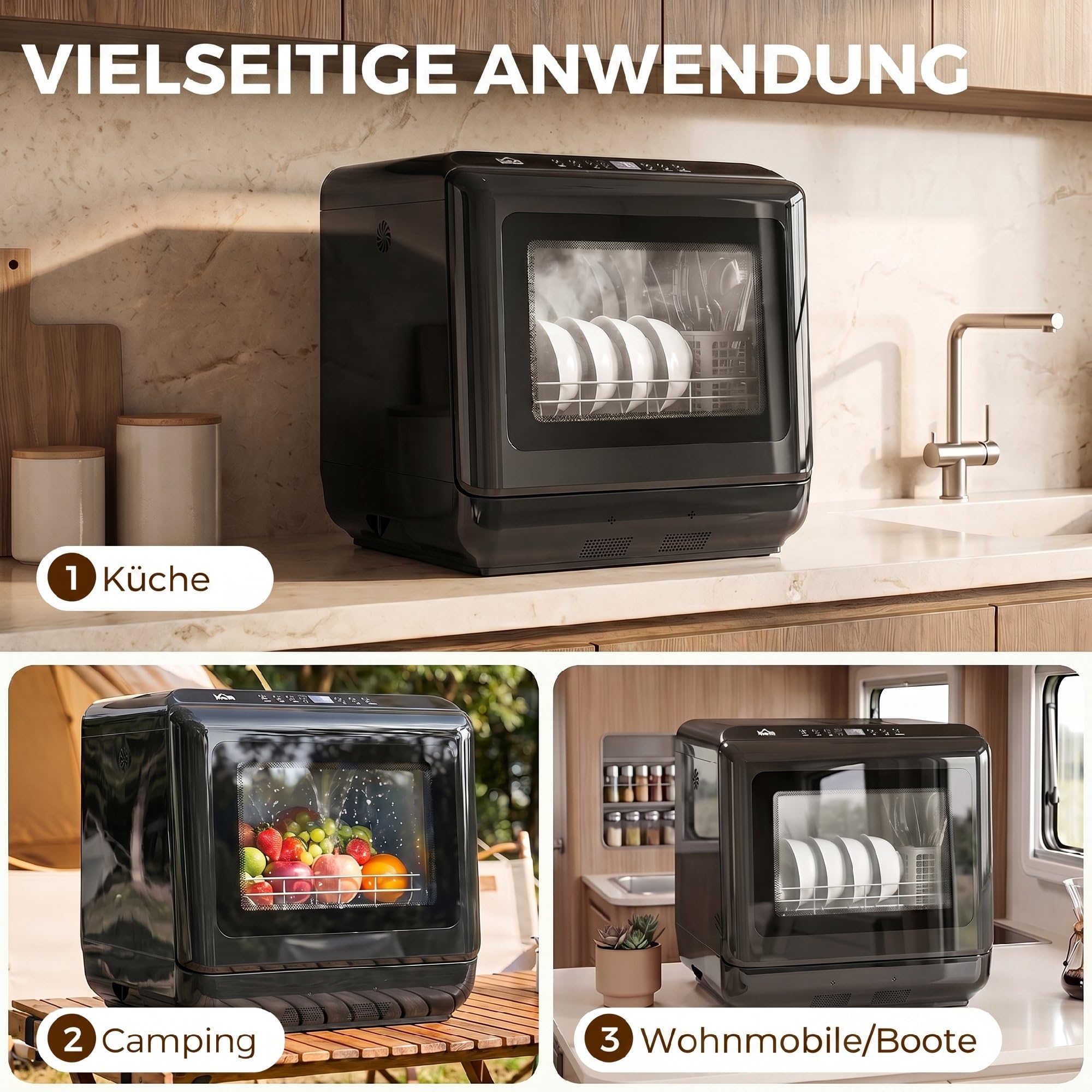 HOMCOM Lavavajillas de mesa mini lavavajillas con depósito de agua integrado de 6 litros, 5 programas, control táctil, pantalla LED, 4 cubiertos, doble suministro de agua y función de secado al aire