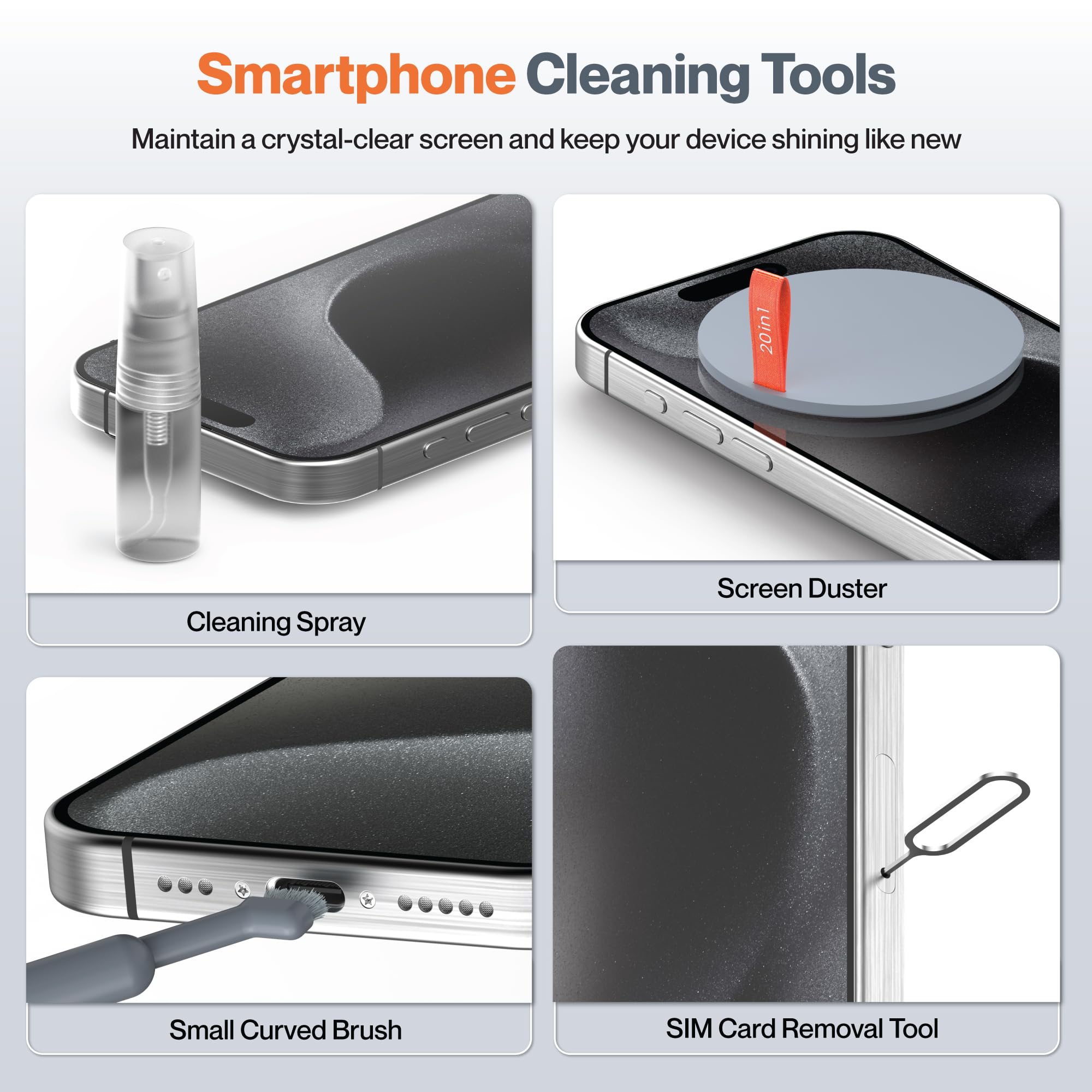 Ambrane 20-in-1 Cleaning Kit for Smartphones, Tablet, PC Computer, Laptops, Keyboards, DSLR Camera Lens, Earphones, Airpods with Screen Dust Brush, Key Puller & Spray Bottle (ACK-01, Grey) 2