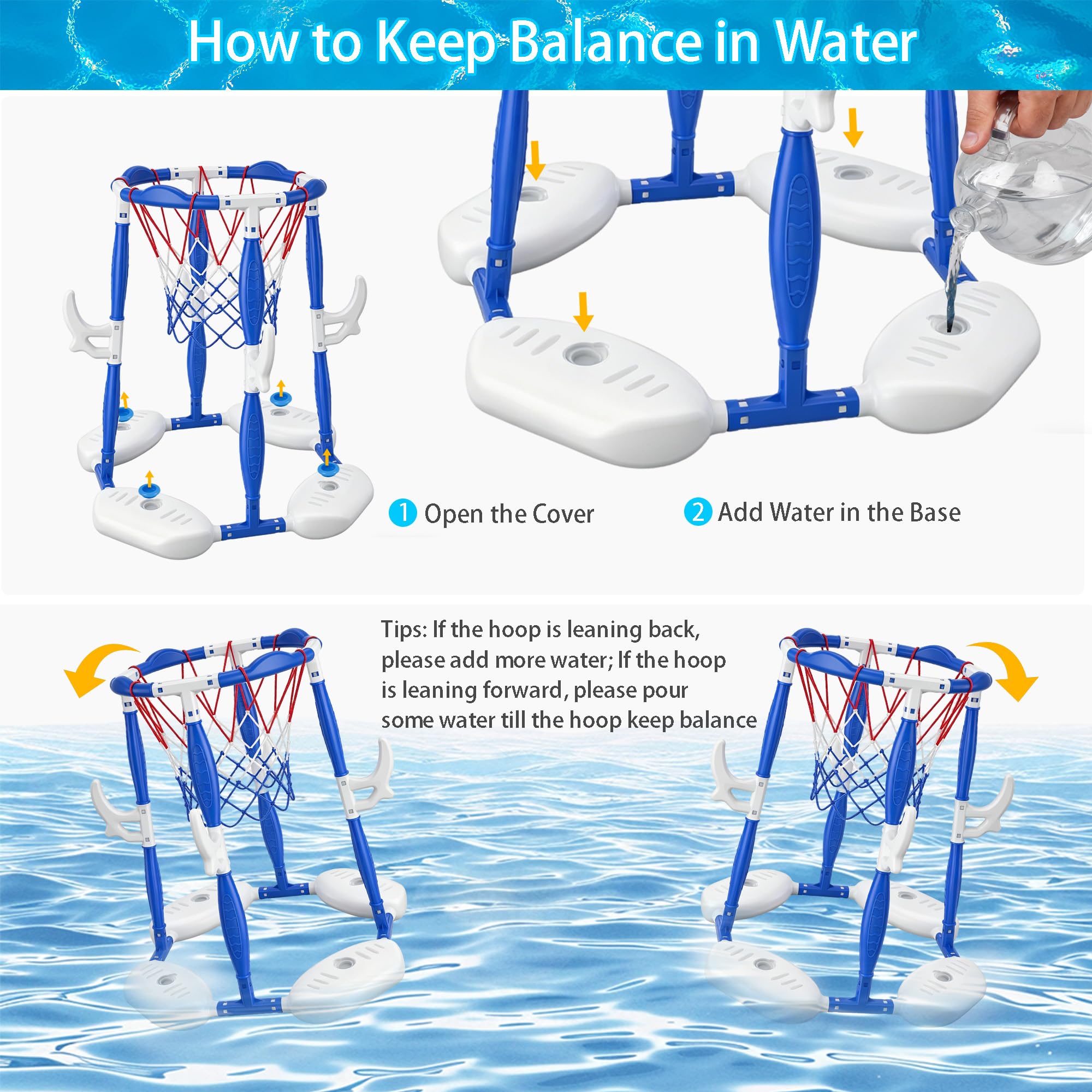 Basketballreifen für Pool, 2-in-1 schwimmendes Set mit 4 Bällen, 12 Reifen und Pumpe, ideal für Familienfeiern im Freien, schwimmendes Pool-Spielzeug für Kinder von 4 bis 8 Jahren und 8 Jahren