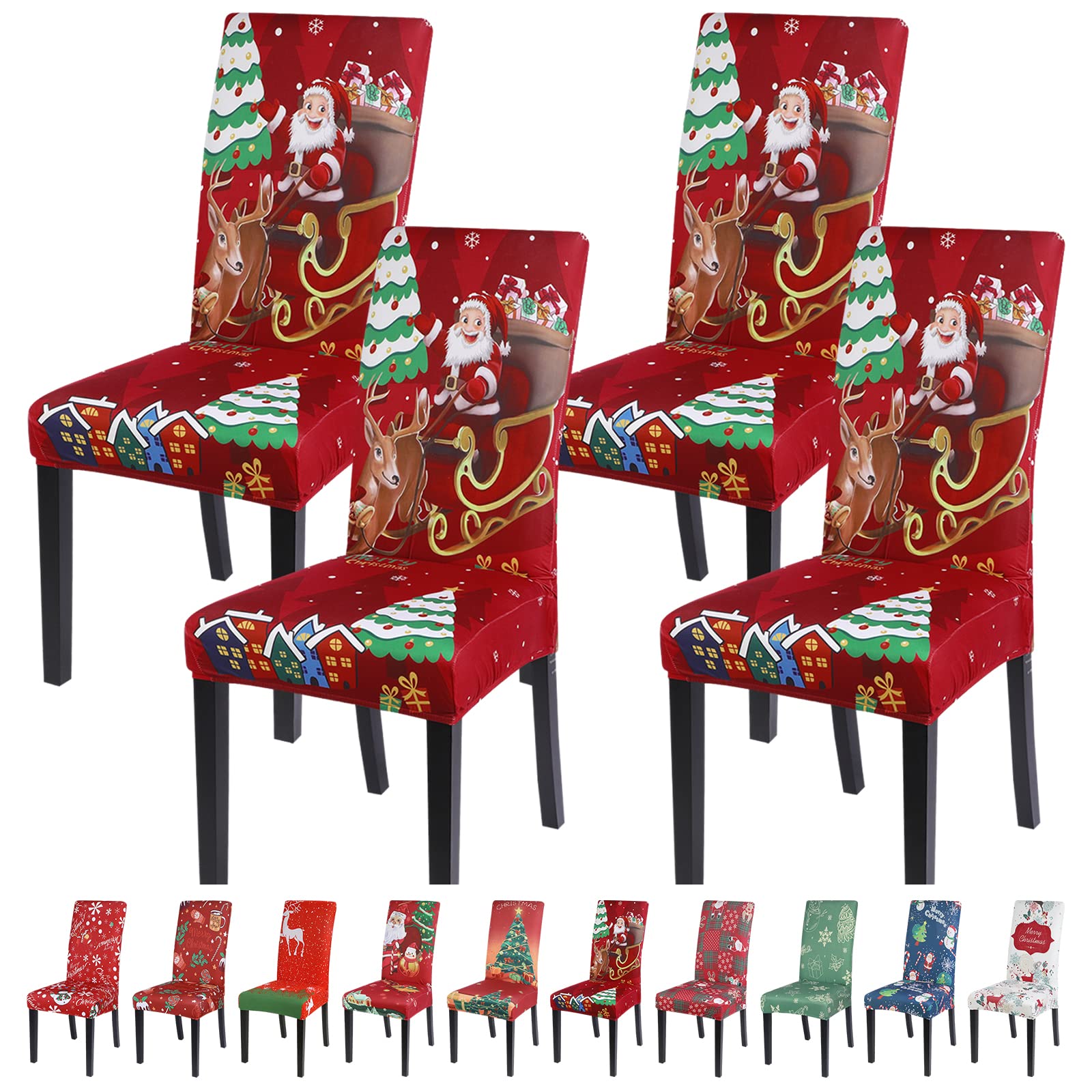 Ryoizen Fundas de Sillas de Navidad,4 Piezas Protectora de Sillas Comedor Ajustable Universal,Fácil de Instalar e Lavar,Fundas de Sillas Elásticas para Cocina, Hotel,Restaurante,Fiesta,Hogar Decor