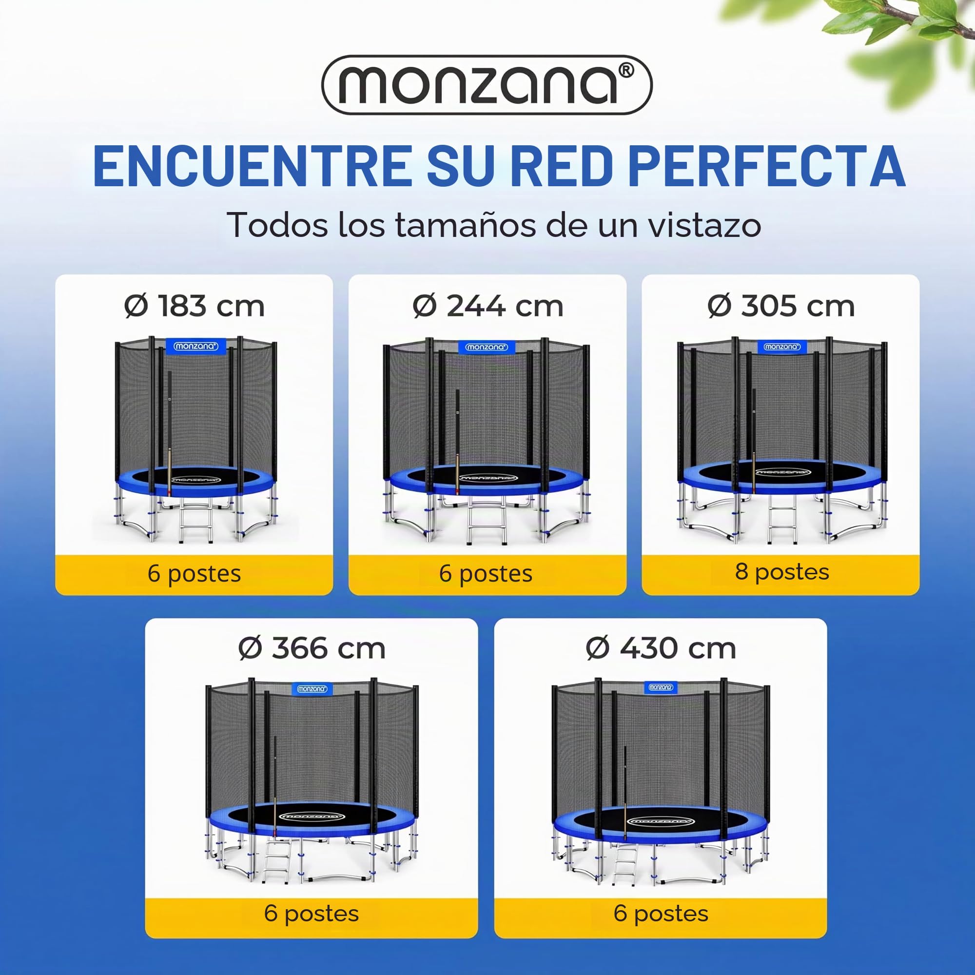 Monzana® Red Seguridad Trampolín Ø183/244/305/366/427cm Repuesto Reemplazo Cama Elástica Exterior Resistente Rayos UV 6-8 Postes Protección Infantil