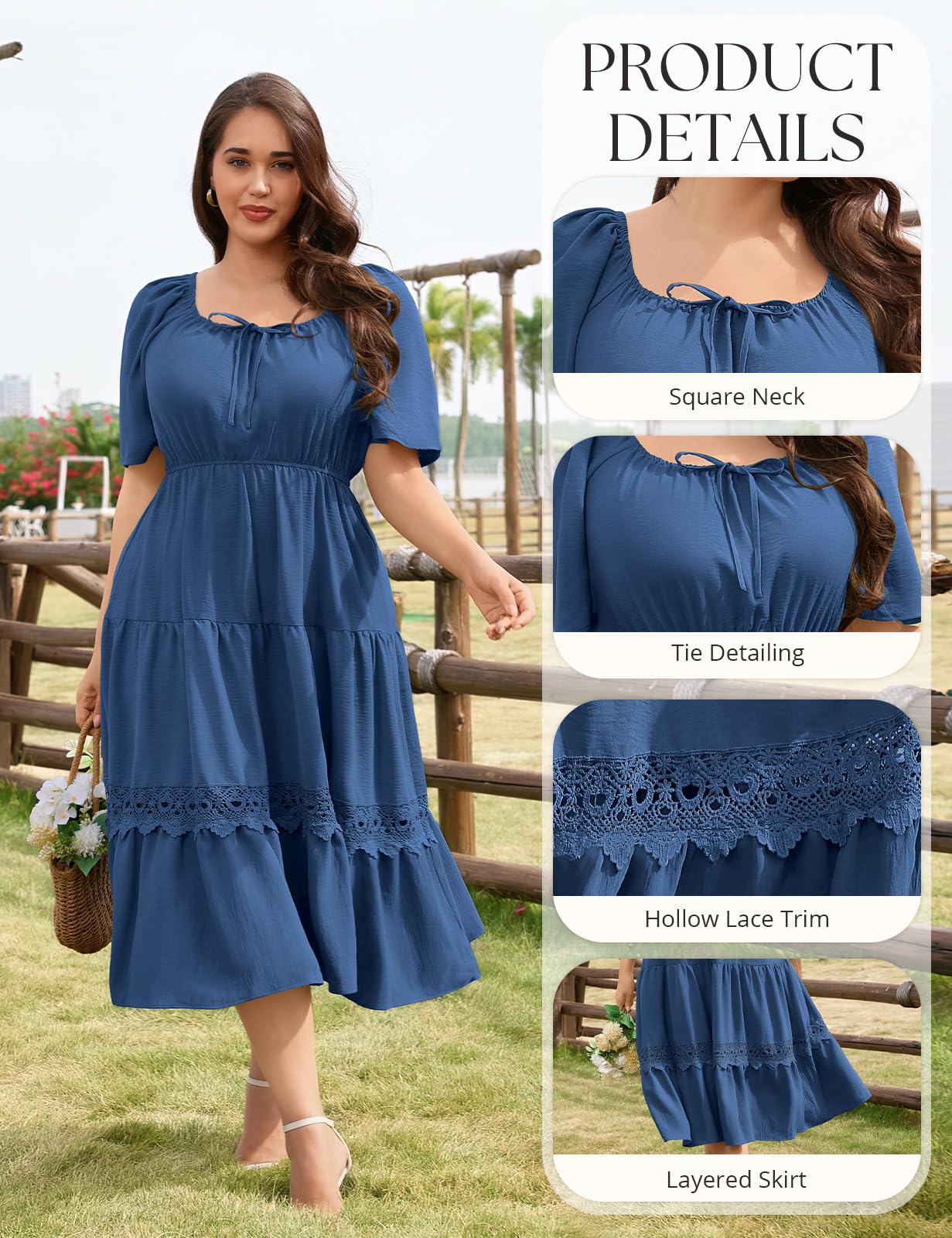 heekpek Robe Longue Été Femme Grande Taille Robe Manches Courtes Col Carré Chic et Elegant Robes Fluide D'été Taille Haute Élastique Robe Ample Décontractée de Plage XL-4XL