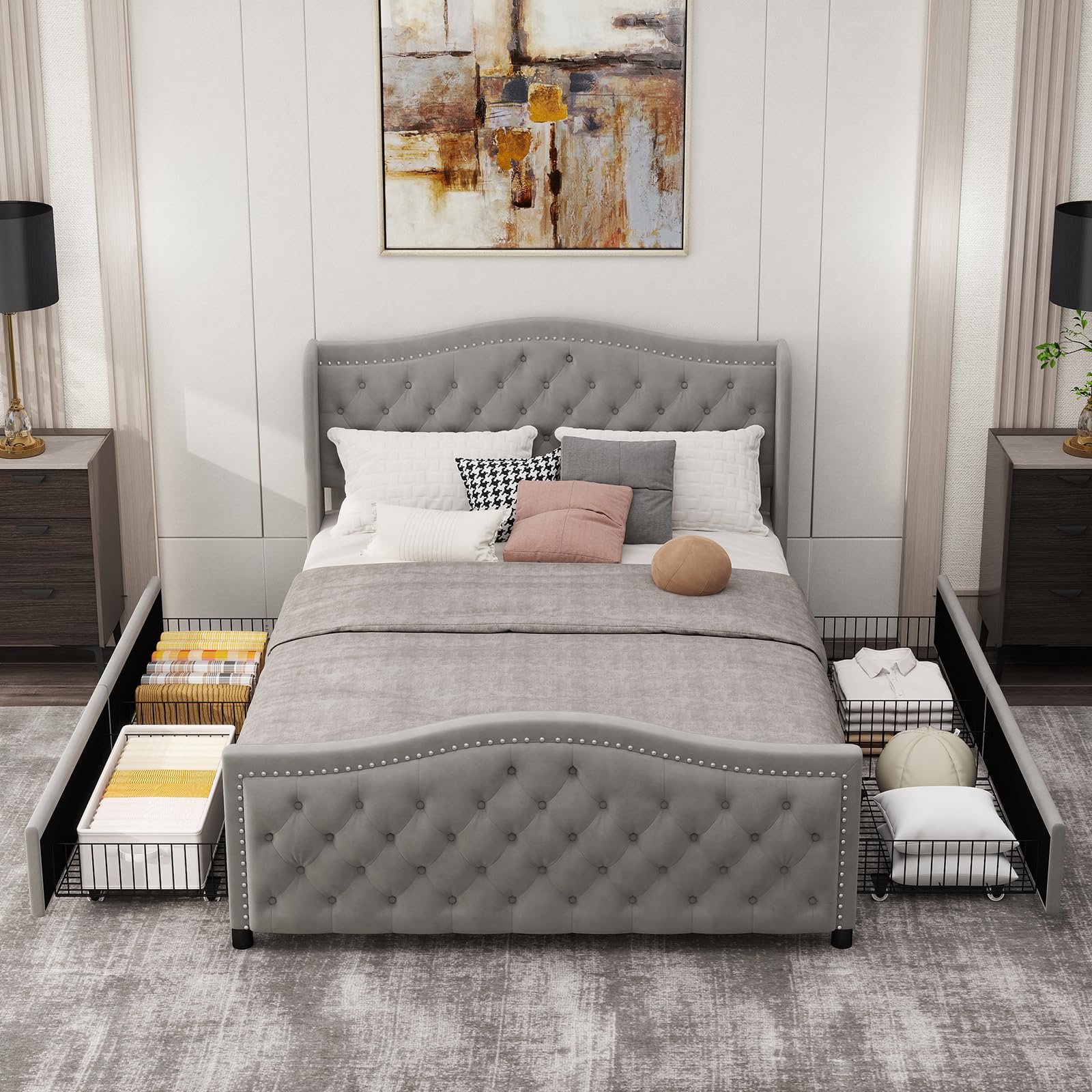 CANMOV Queen Size Upholstered Bed Frame with 4 Storage Drawers,Comfortable Fabric Platform Bed Frame with Wingback Headboard & Footboard,Wooden Slats