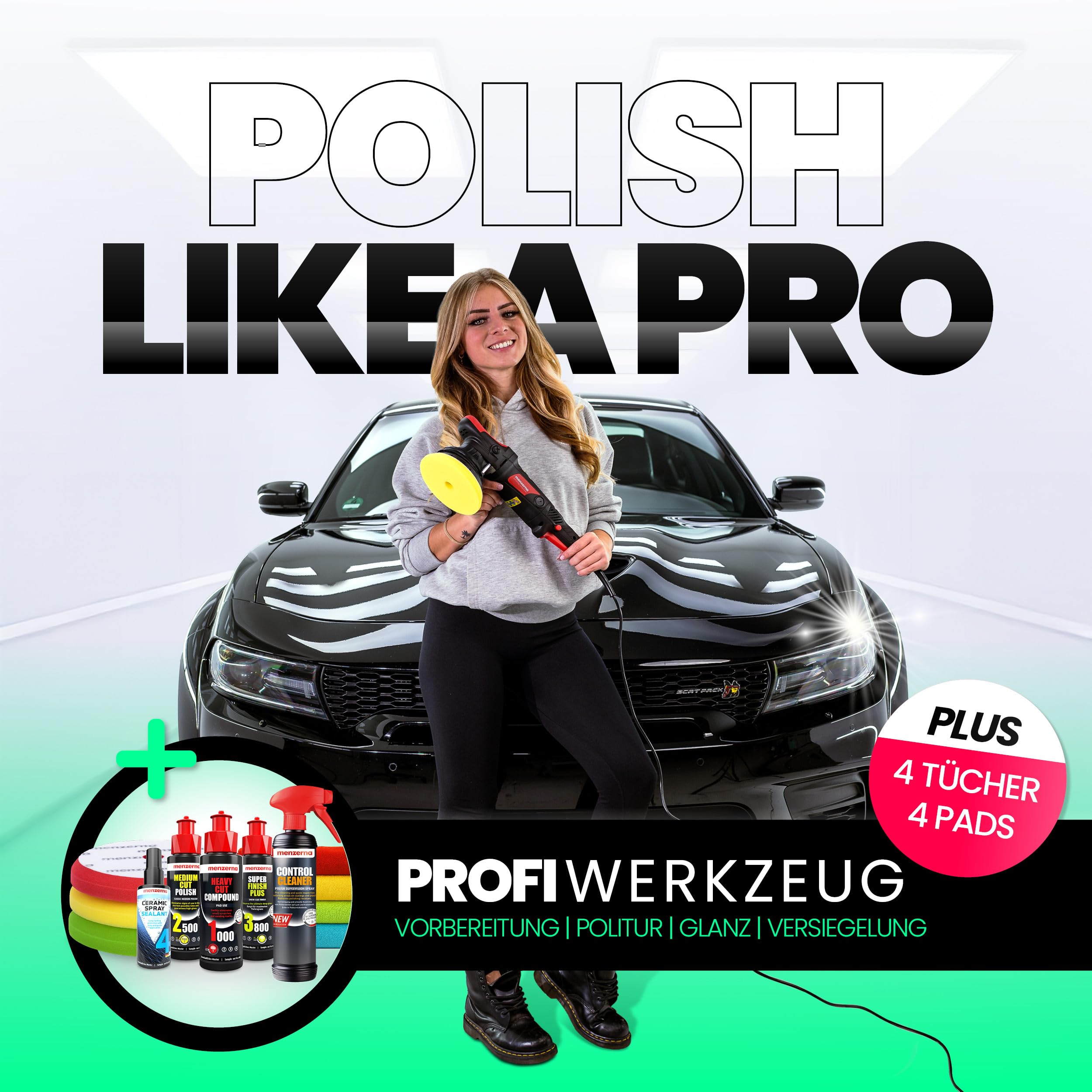 Menzerna Kit de polissage pour voiture - Polisseuse excentrique MZ-XR avec plateau de support de 125 mm + 3 x 100 ml de polissage + 3 x tampons de polissage + chiffons de polissage + scellage par