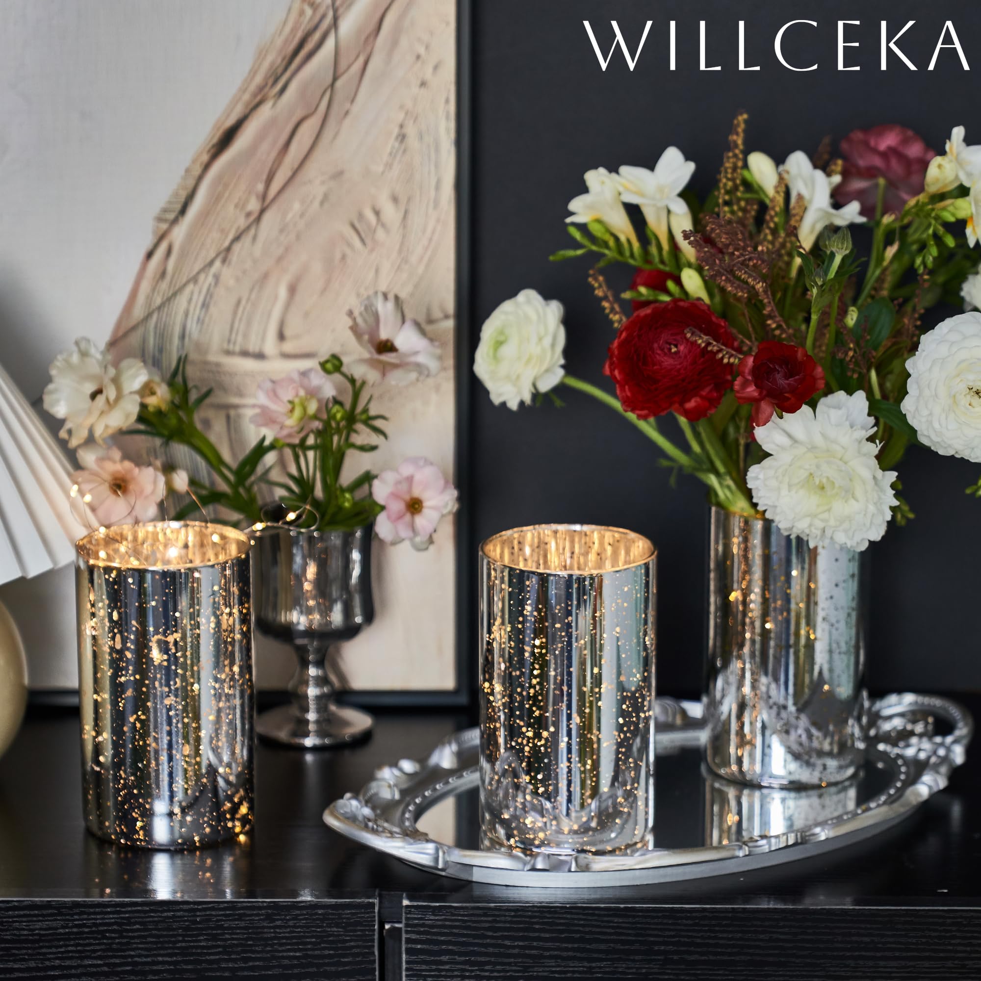 Willceka Set di 12 vasi cilindrici in argento per centrotavola, vaso in vetro moderno, portacandele decorativo a forma di uragano, per portacandele a colonna, fiori per centrotavola da tavola