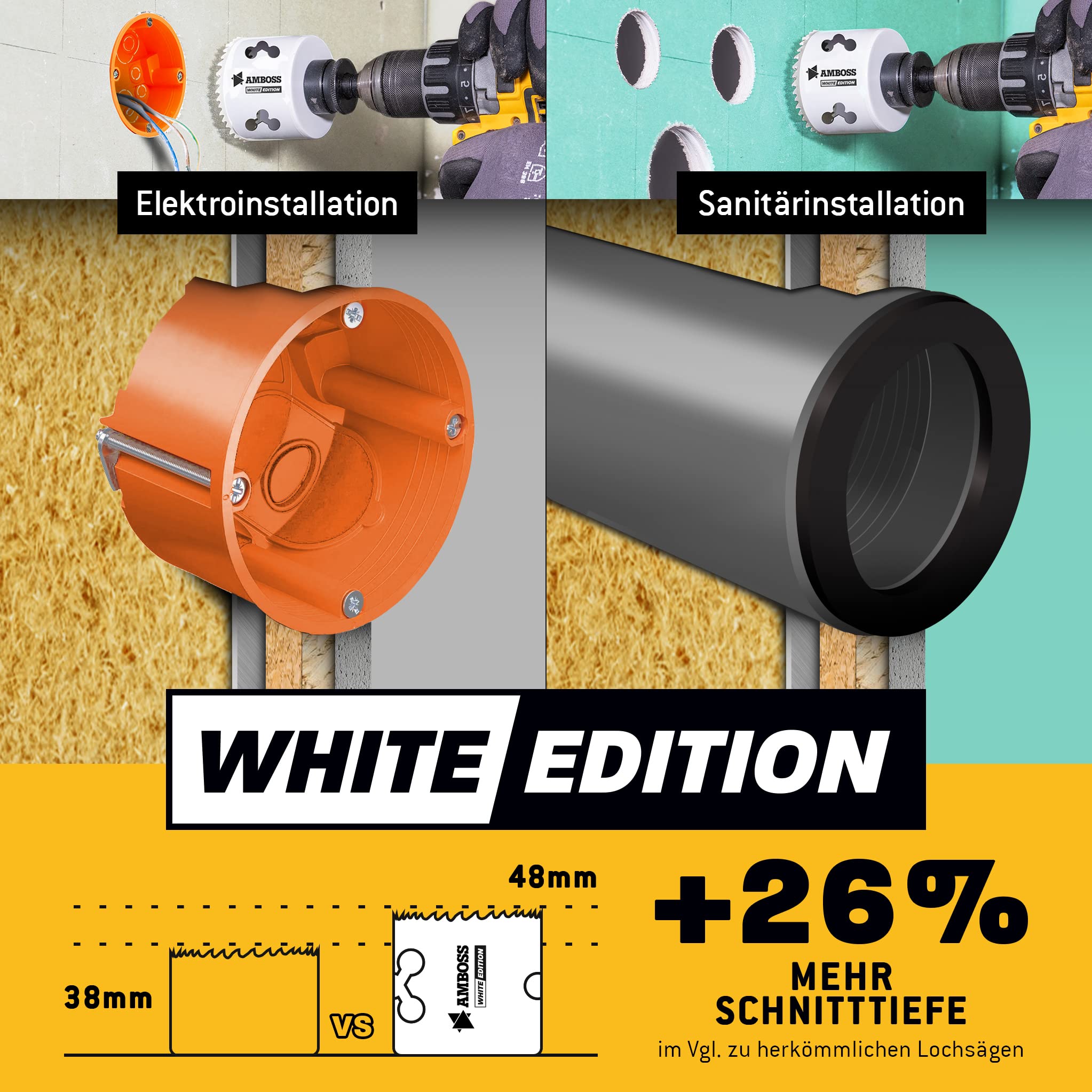 Amboss M 42 - Set di seghe a tazza bimetalliche, diametro 20-68 mm, 12 pezzi, per alluminio, acciaio, cartongesso, legno, ecc. White Edition 12