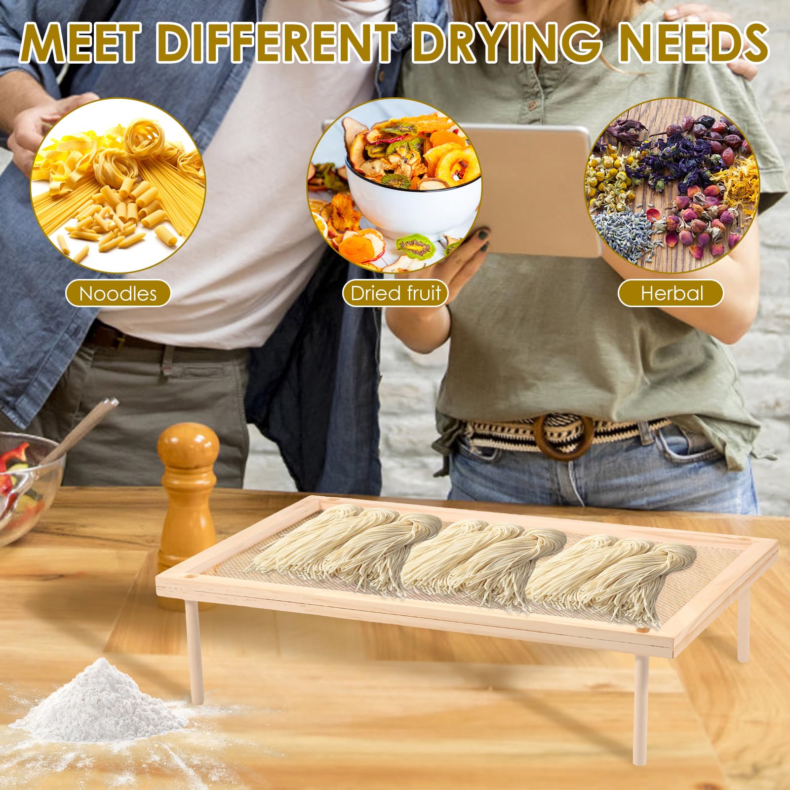 Estante de secado de pasta apilable, red de secado plana de malla de madera, secador de hierbas transpirable apilable, práctico, ahorra espacio, multifuncional secadora de pasta para la cocina (una