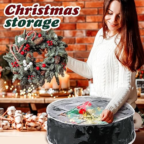 Vista 45 de Dunzy 8 contenedores de corona de Navidad, bolsa de almacenamiento de guirnalda resistente a desgarros, cajas redondas con ventana transparente