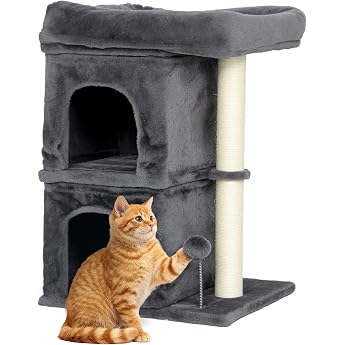 PawHut Cat Scratching Tree 26 Inch with Bed 2 Caves Dark Grey | Cat Tree, Climbing Tower, Sisal Post, Play Ball