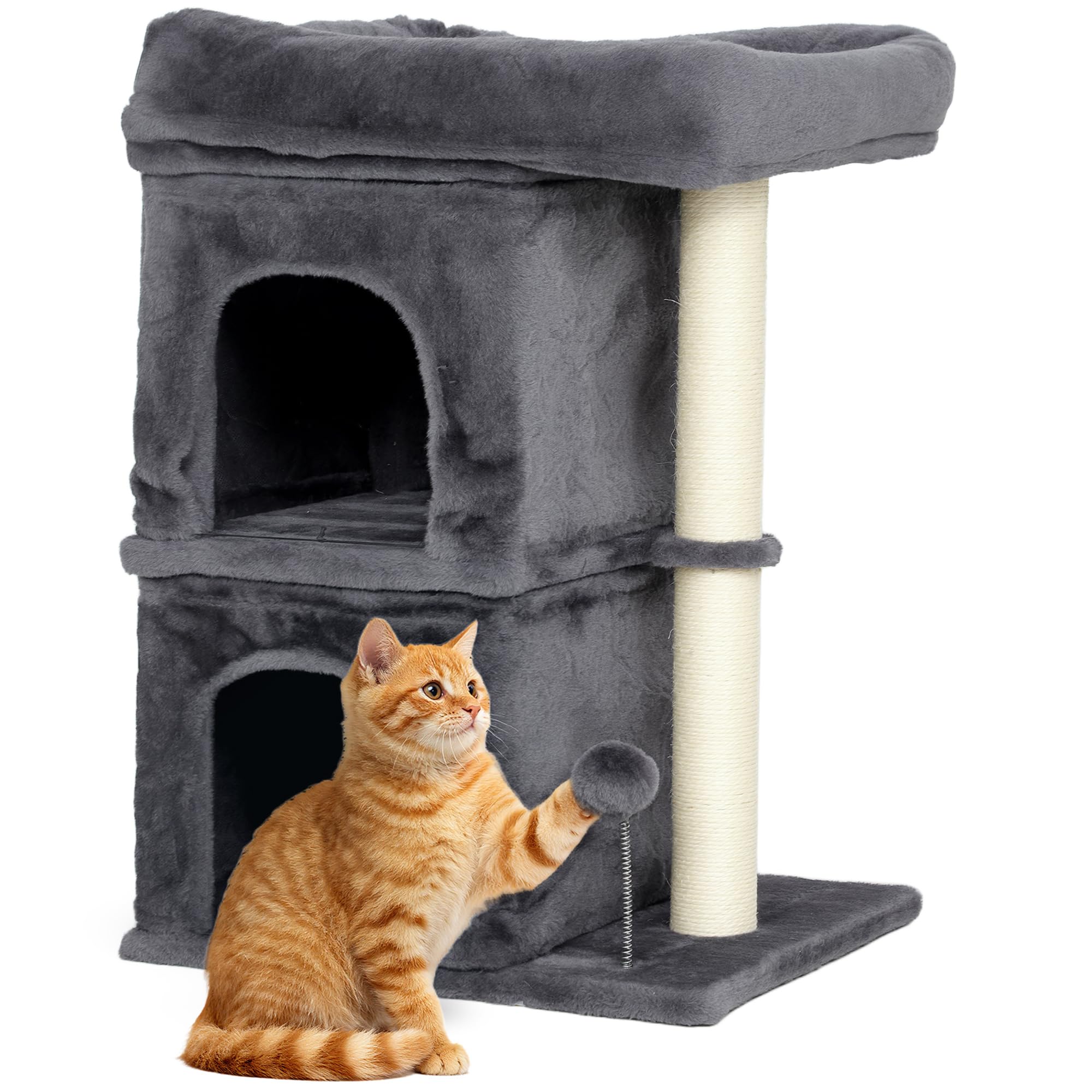 PawHut 66cm Small Cat Tree for Large Adult Kittens Up to 7 KG, Cat Tower with Large Top Perch, 2 Condos, Sisal Scratching Post, Toy Ball, for Climbing, Relaxing, Playing, Dark Grey