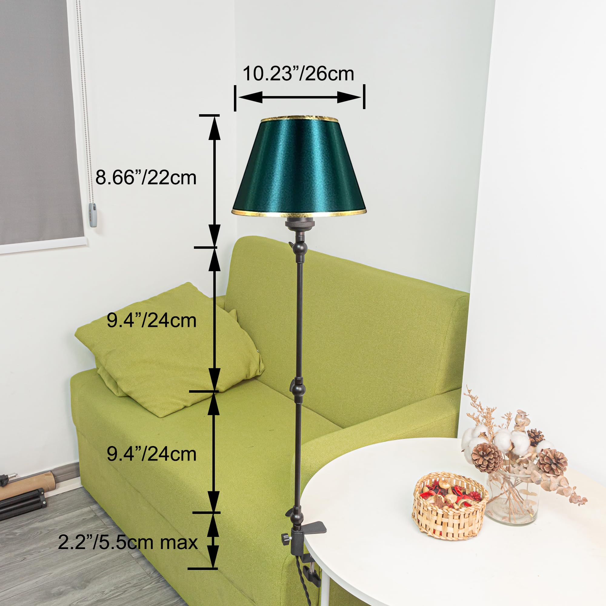Klemmleuchte Einstellbar, Leselampe mit 2,5 m Kabel und Grün Stoff-Lampenschirm, Dimmbar Nachttischlampe,Augenpflege Schreibtischlampe für Büro Heimgebrauch, E27 Lampenhalterung-TD0642