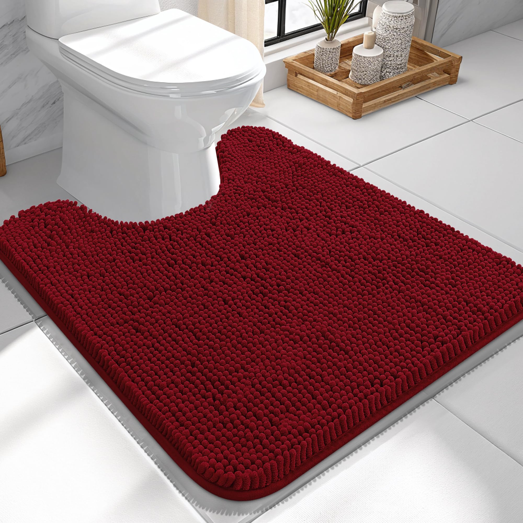 OLANLY Toilet Rugs U-Shaped 24x24, Soft Absorbent Chenille Contour Rugs | Red, Quick-Drying Rubber Backing, Machine Washable Non-Slip Shaggy Bathroom Mat for Toilet, Home Decor Accessories