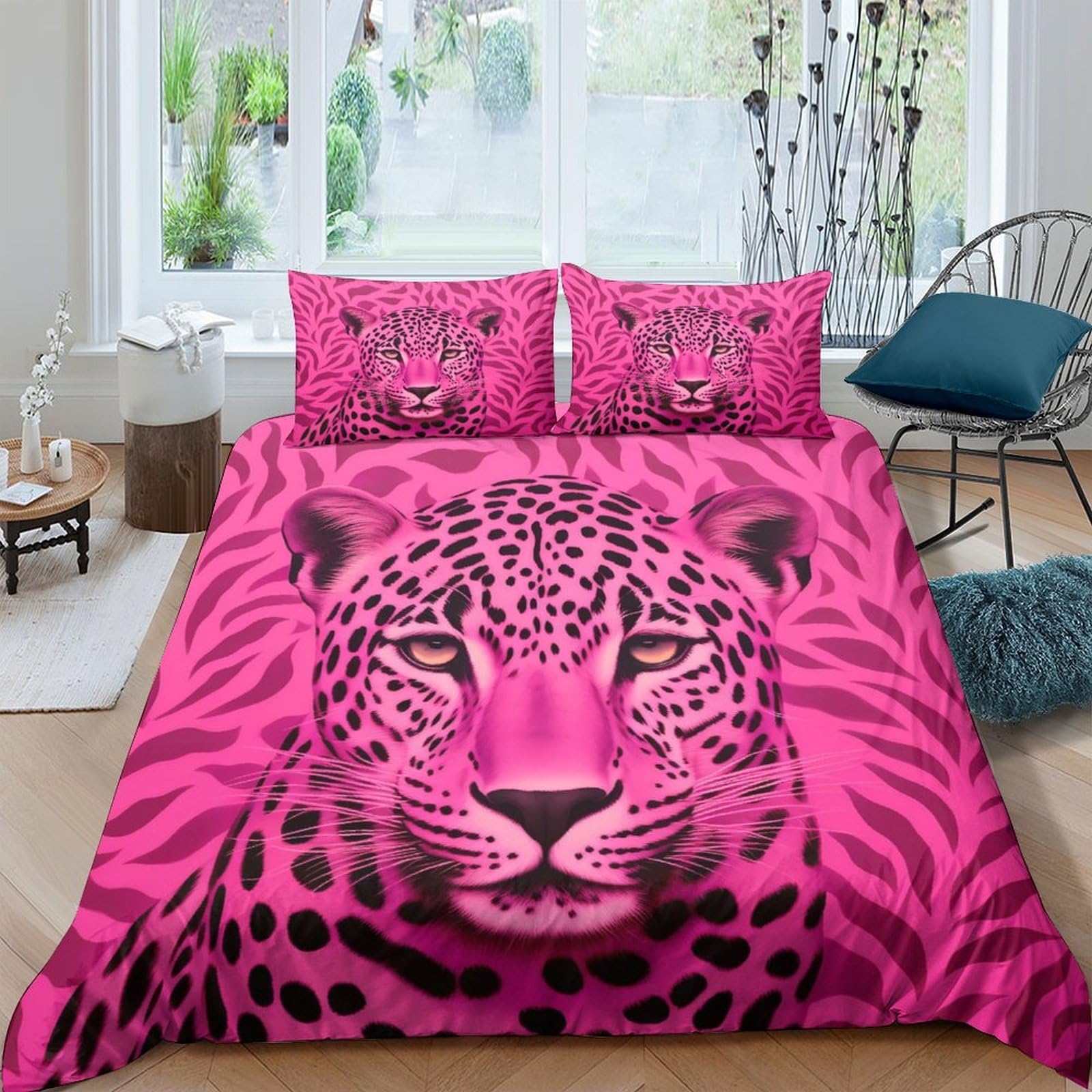 Housse de couette 140x200 léopard rose imprimé 3D en microfibre respirante