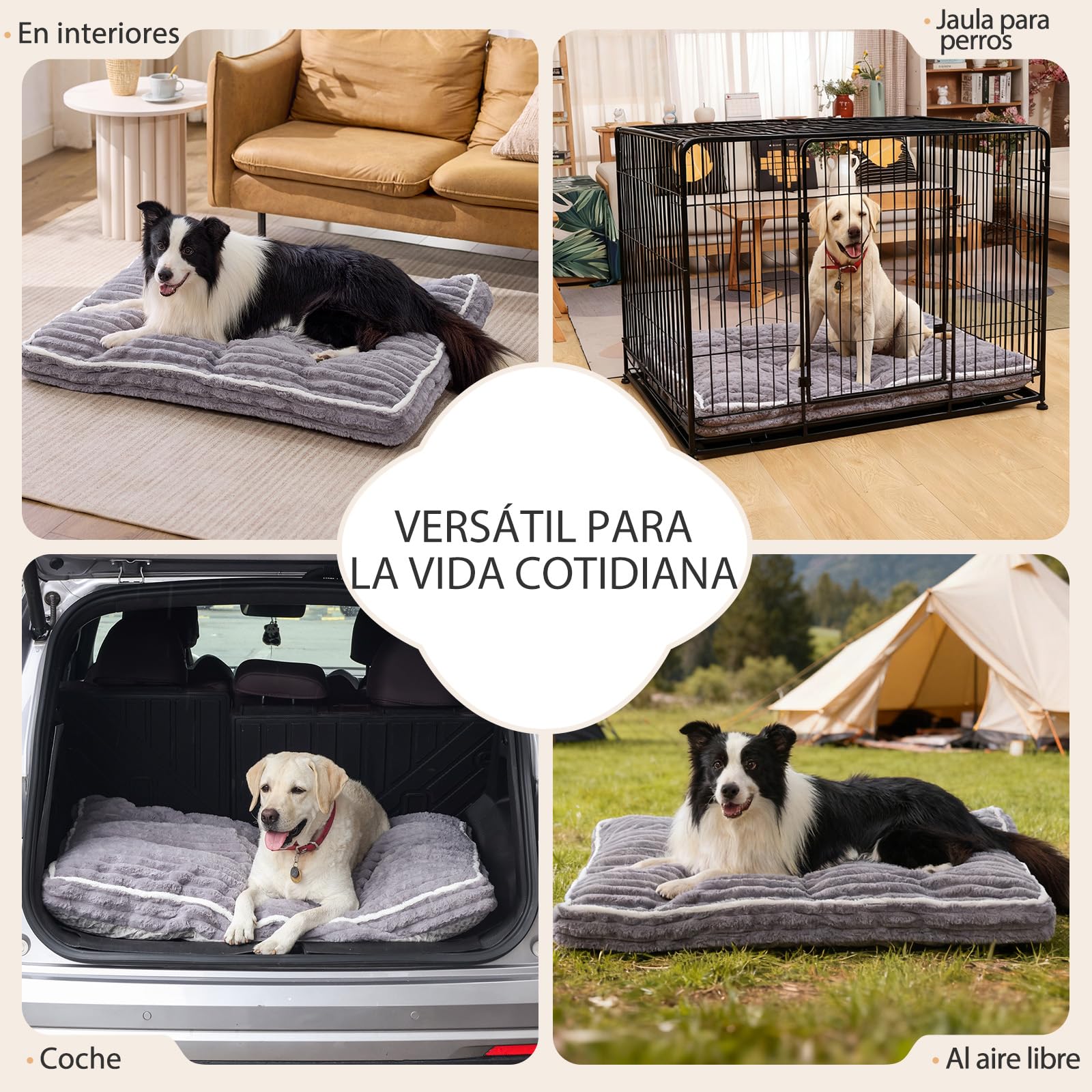 Cama para Perros Grandes: Cojín Lavable con Piel de Conejo Sintética - Forro 100% Impermeable - Base Antideslizante y Funda Extraíble para Jaulas y Casa (106 x 80 x 13 cm)