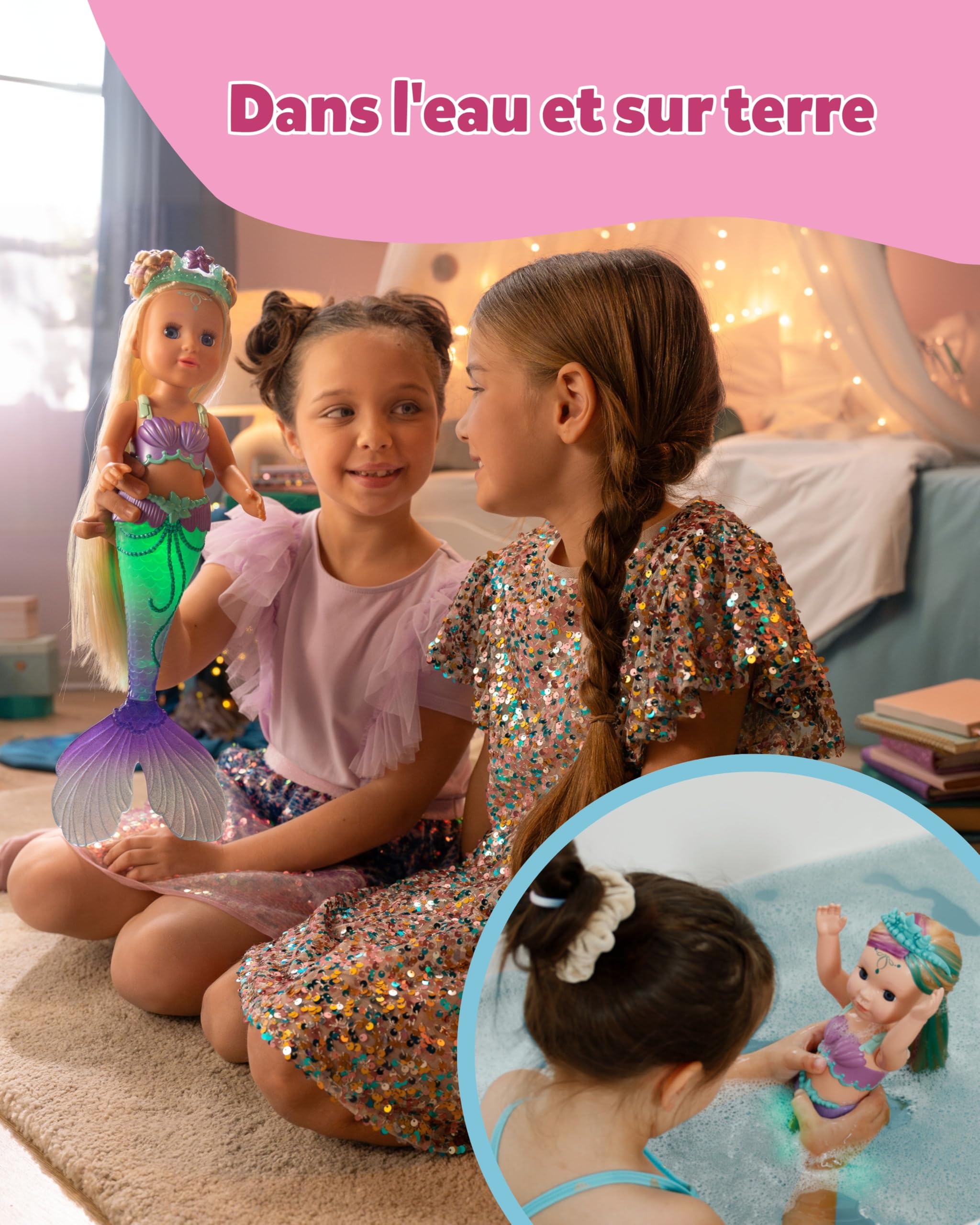 BABY born Sirène - Poupée de 43 cm - Cheveux de Haute qualité avec mèches colorées - Queue Lumineuse - Fonctionne avec des Piles - Convient aux Enfants à partir de 3 Ans