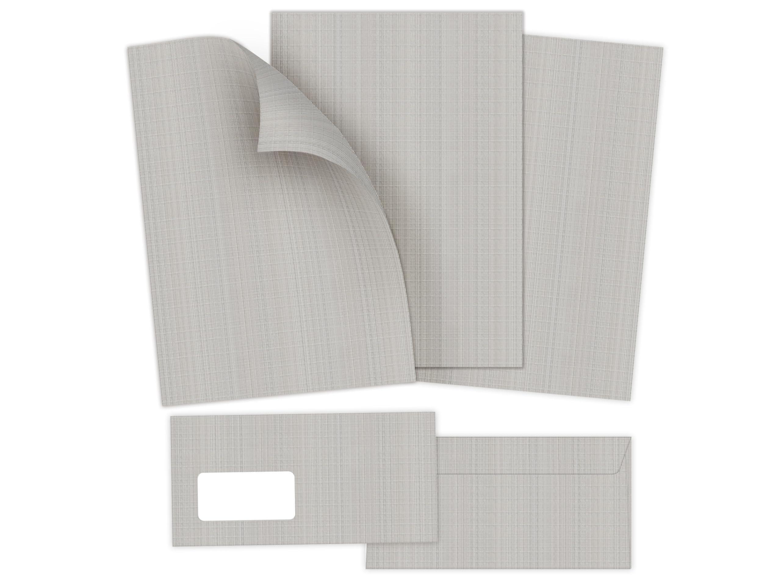 Briefpapier-Set 250 Briefbögen DIN A4 + 250 Umschläge DIN-lang mit Fenster haftklebend - Papier beidseitig bedruckbar für Einladung Briefpost Firmenpost Urkunde edel, grau, hellgrau mit feiner Textur