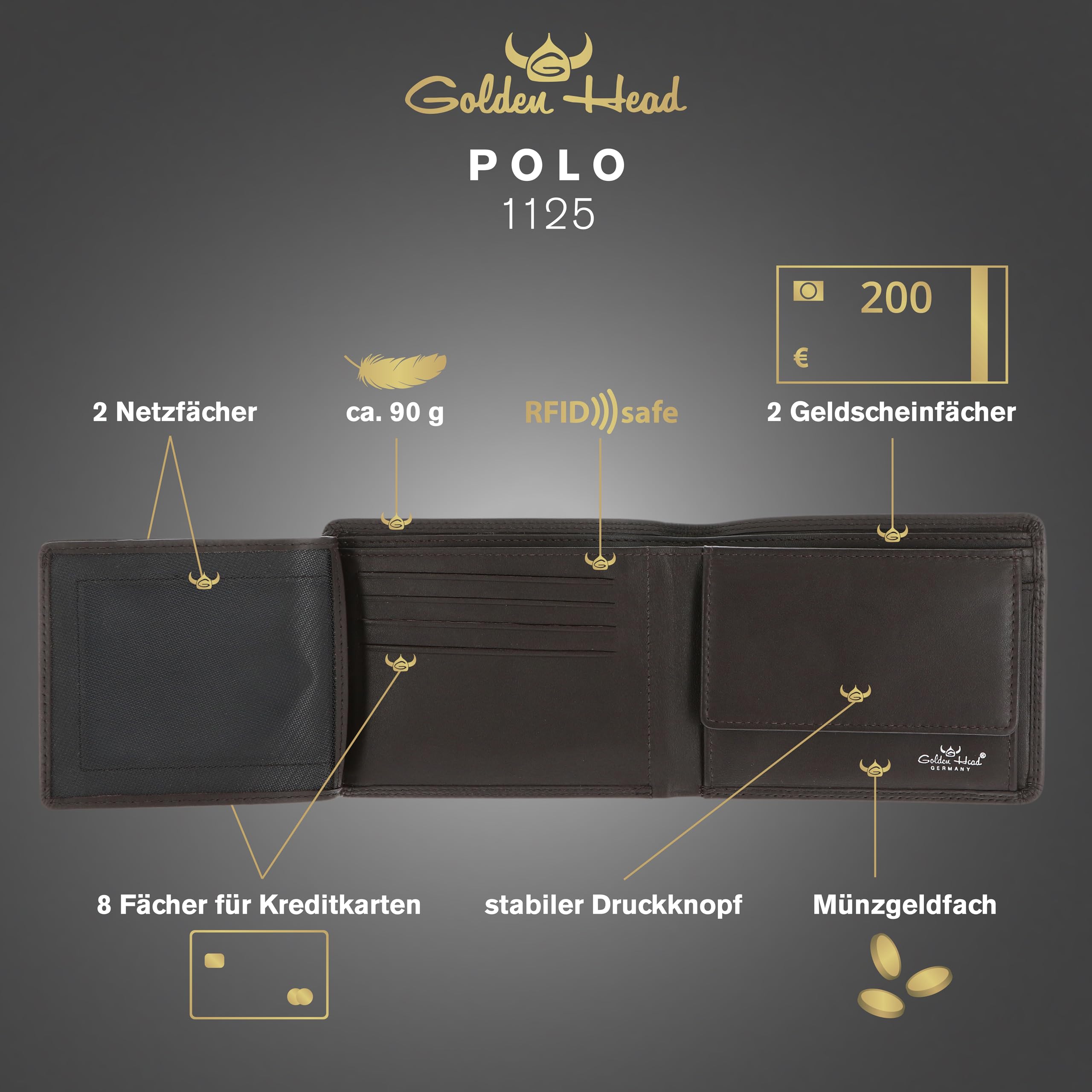 Golden Head Polo RFID Protect pokrowiec na banknoty 1125, ciemnobrązowy, Einheitsgröße, Elegancki i ponadczasowy