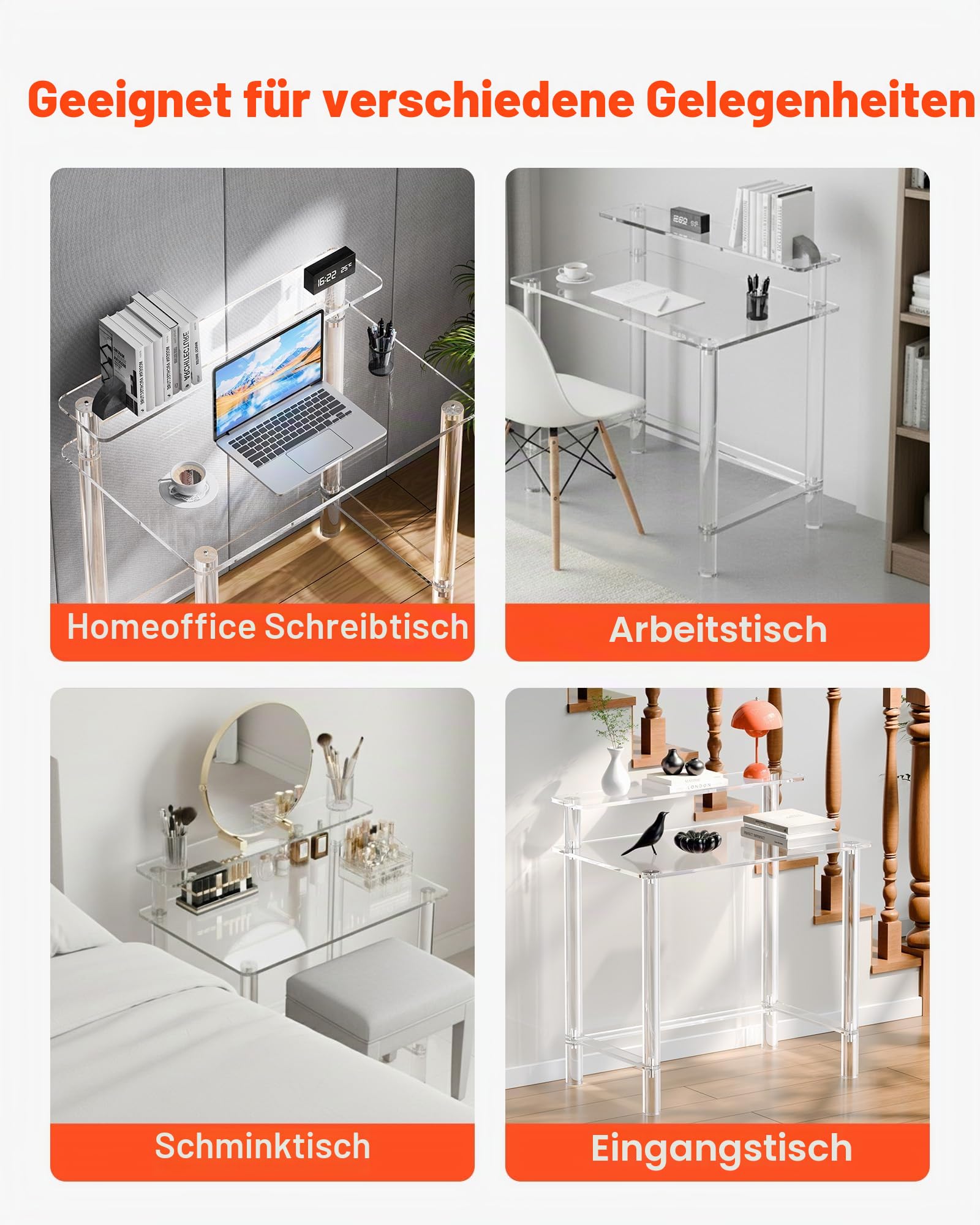 VEVOR Acryltisch Computertisch 2-stufiger Bürotisch mit Monitorständer, moderner Schreibtisch (60 kg belastbar) für Schlafzimmer Büro Arbeitszimmer Garderobe, 50 x 80 x 88 cm (transparent)