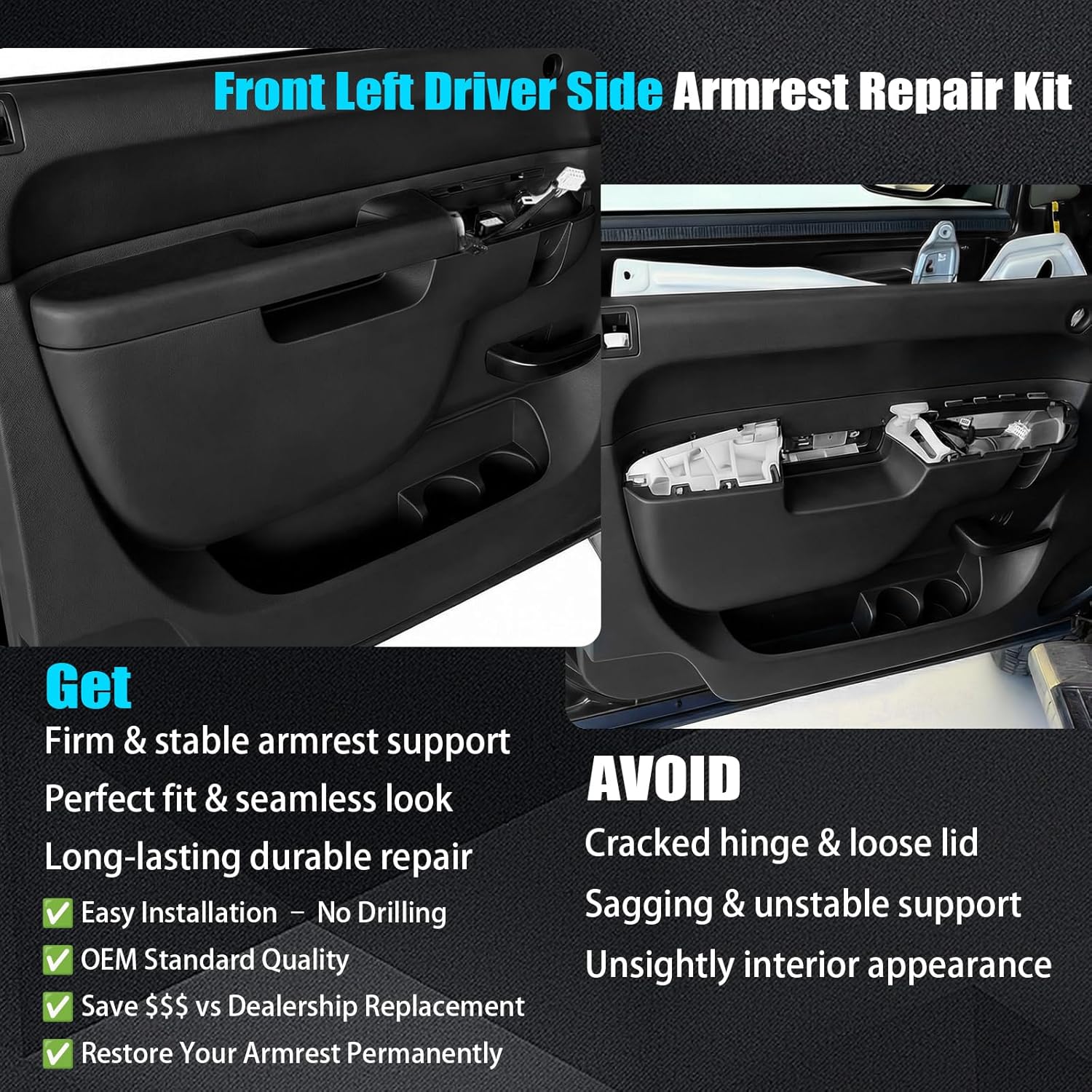 22818465 Front Left Driver Side Armrest Repair Kit for Chevy Silverado 1500 2500HD 3500HD & GMC Sierra 1500 2500HD 3500HD 2010-2014, Fits Door Panel w/Release Handle Below Armrest, Black