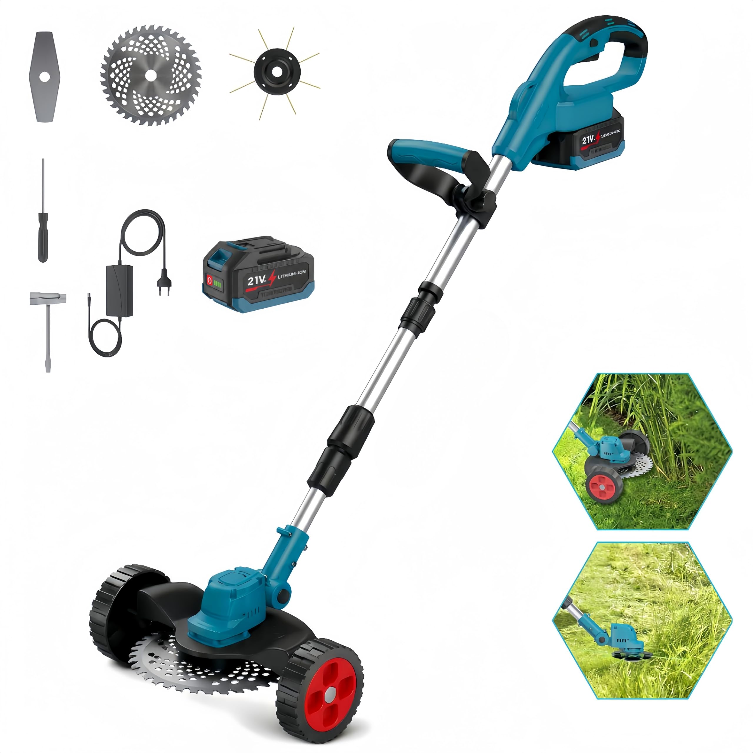 Desbrozadora Electrica 4000W, Desbrozadora a Bateria Plegable, Batería de 3000mAh Altura Regulable de 100 a 135cm Ancho de Corte de 23 cm, 3 Tipos de Cuchillas para Jardín y Césped(Azul E)