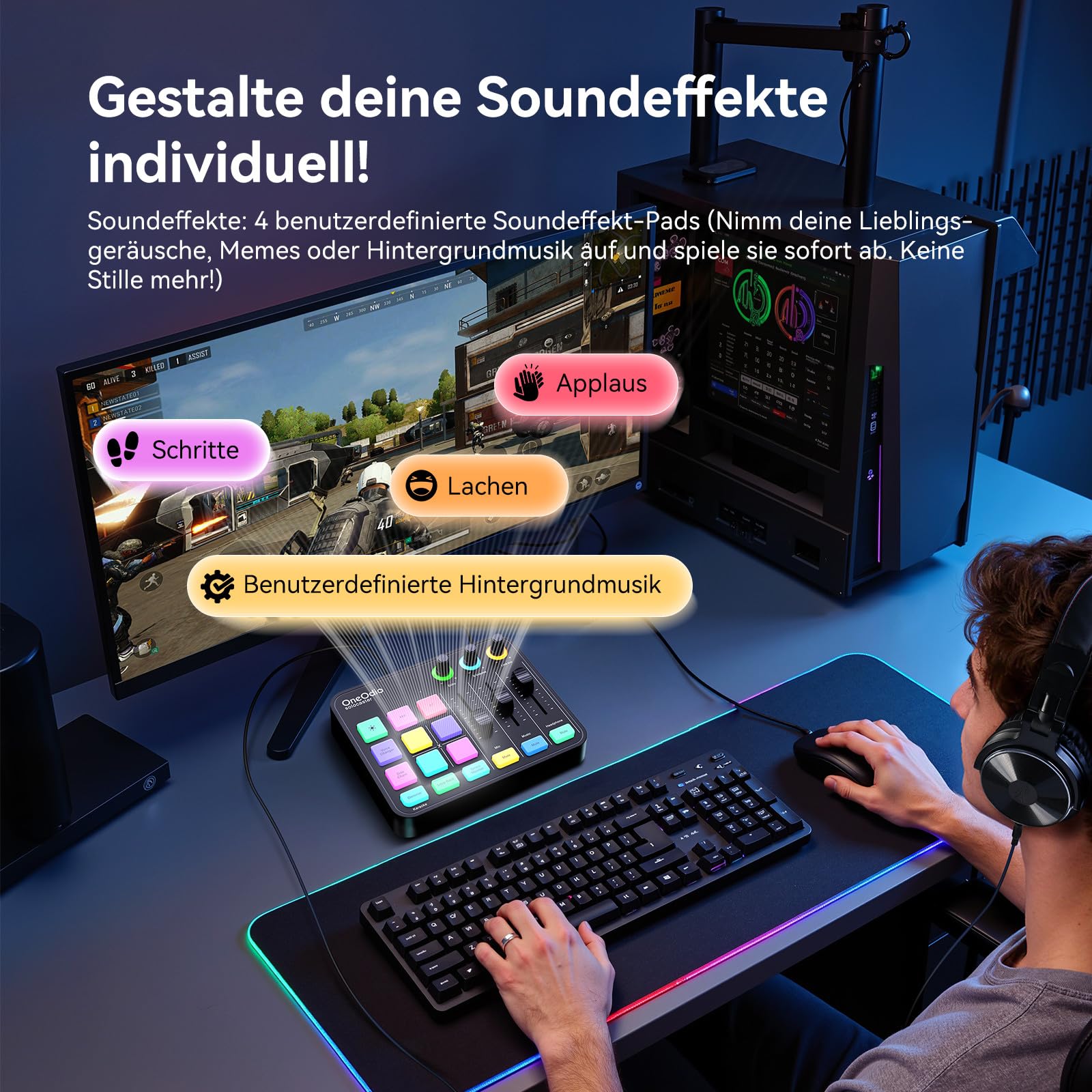 OneOdio Solocaster Gaming Audio-Mixer – 5-Kanal-Interface mit 48V Phantomspeisung, Bluetooth, RGB-Beleuchtung, 3,5-mm-/XLR-/USB-C-Anschlüssen, für Streaming/Podcast/Karaoke auf PC und Mobilgeräten