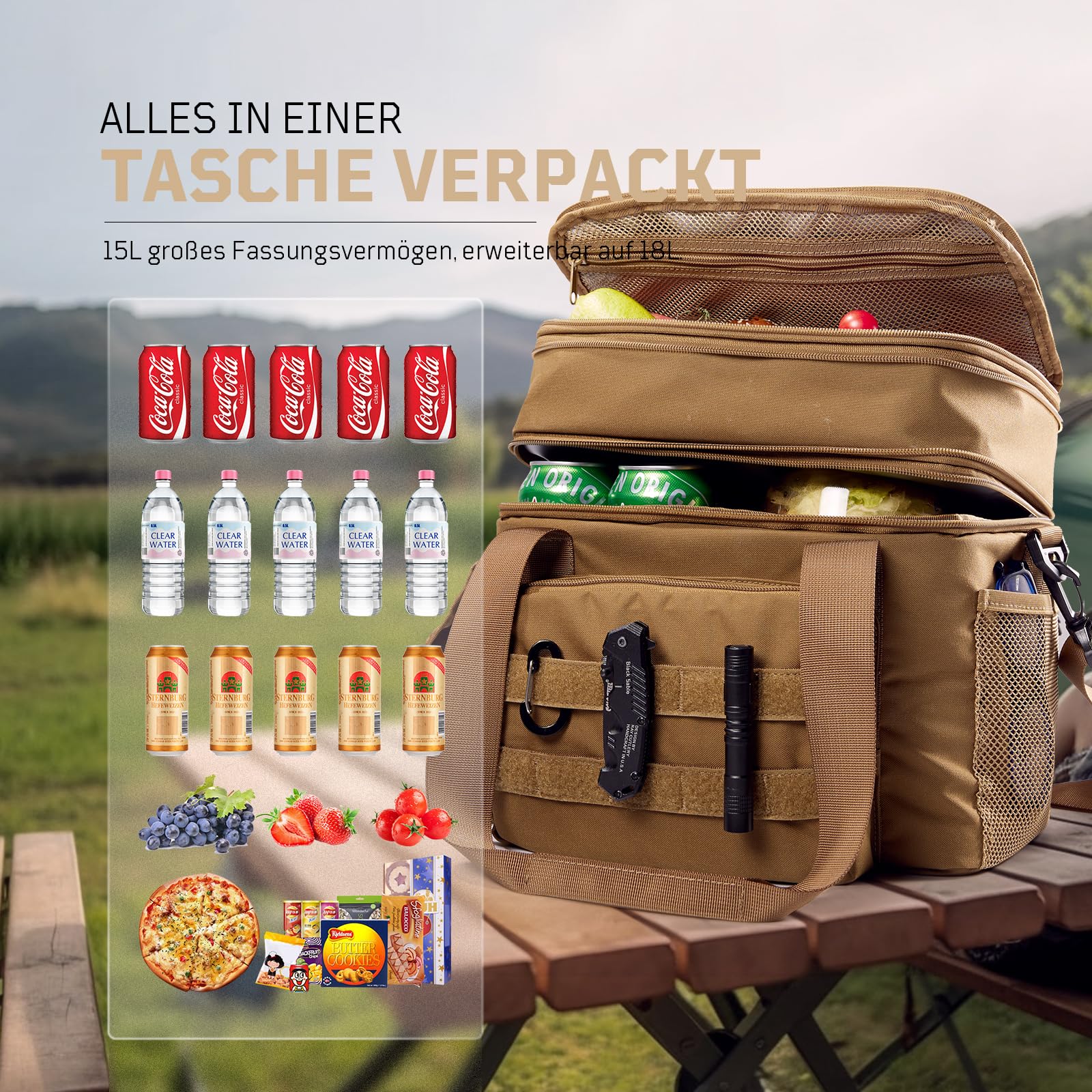 1TG Tactical Isolierte Lunch-Tasche, 18L-26L erweiterbare Lunchbox, auslaufsichere große Kühltasche mit Schultergurt, Wiederverwendbare Lunch-Tasche für Arbeit, Reisen, Camping, Picknick, Strand