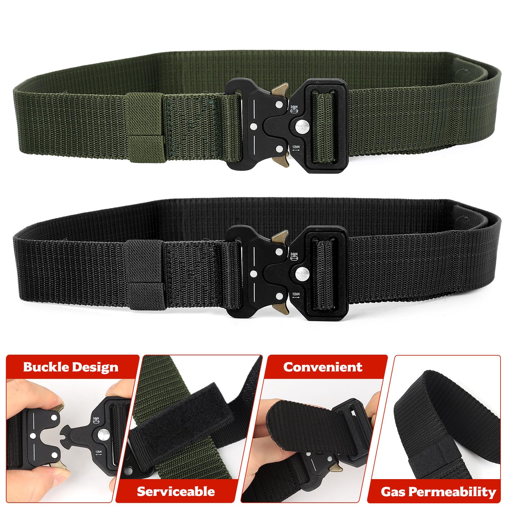 2 Stück Taktischer Gürtel Herren, Militär Arbeitsgürtel Herren Damen, 125cm Verstellbarer unisex Arbeits Gürtel mit Schnellverschluss, für Rettungsdienst Feuerwehr Pasy taktyczne, mit 2 Haken