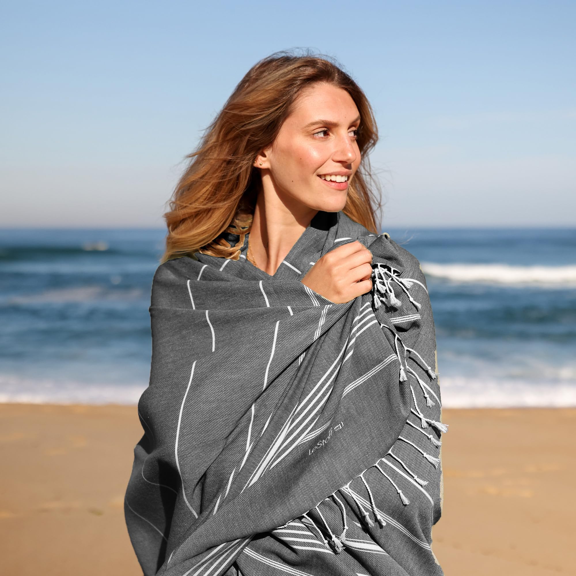 LeStoff Telo mare XXL - 100% Cotone bio, 200 x 200 cm, Prelavato, Assorbente, Asciugatura Rapida, Leggero, Fouta, Telo Spiaggia grande, Telo Bagno, Telo Yoga, Coperta (Anthracite)