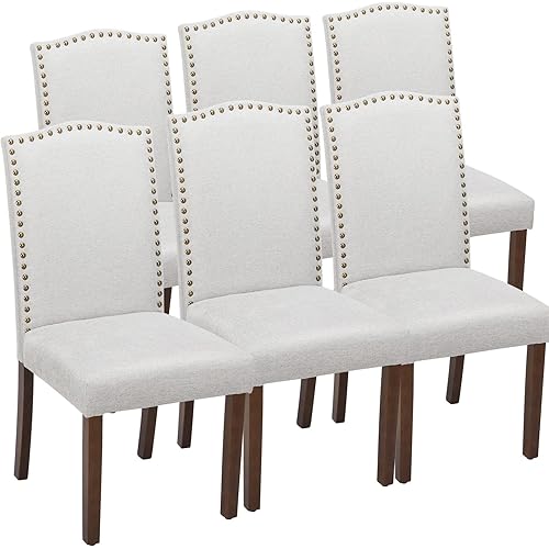 OLIXIS Dining Chairs Set of 6, Living Room Chairs, Dining Room Chairs, Upholstered Fabric Dining Chairs, Parsons Chairs with Nailhead Trim and Wood Legs, Modern Armless Kitchen Side Chair, Grey