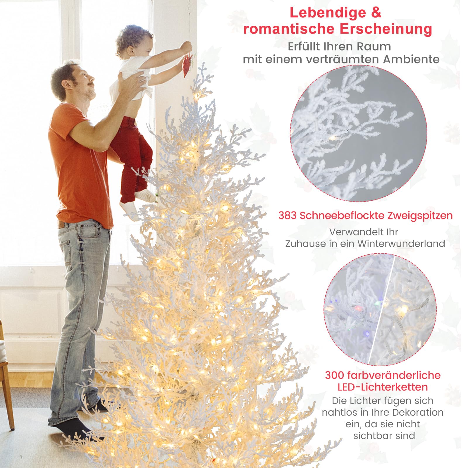COSTWAY 180 cm Weihnachtsbaum Künstlich mit Beleuchtung, Tannenbaum mit Schnee, 11 Lichtmodi, 2 Lichtfarben, beleuchteter Christbaum mit 300 LEDs & Metallständer, für Zuhause Büro Geschäfte, Weiß