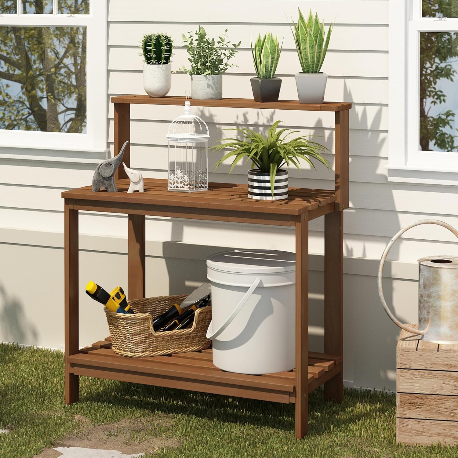 Furinno TIOMAN Potting Bench with Storage, Outdoor Potting Bench Table, Garden Workstation, with Shelves for Gardening, Potting, Planting, Light Wood