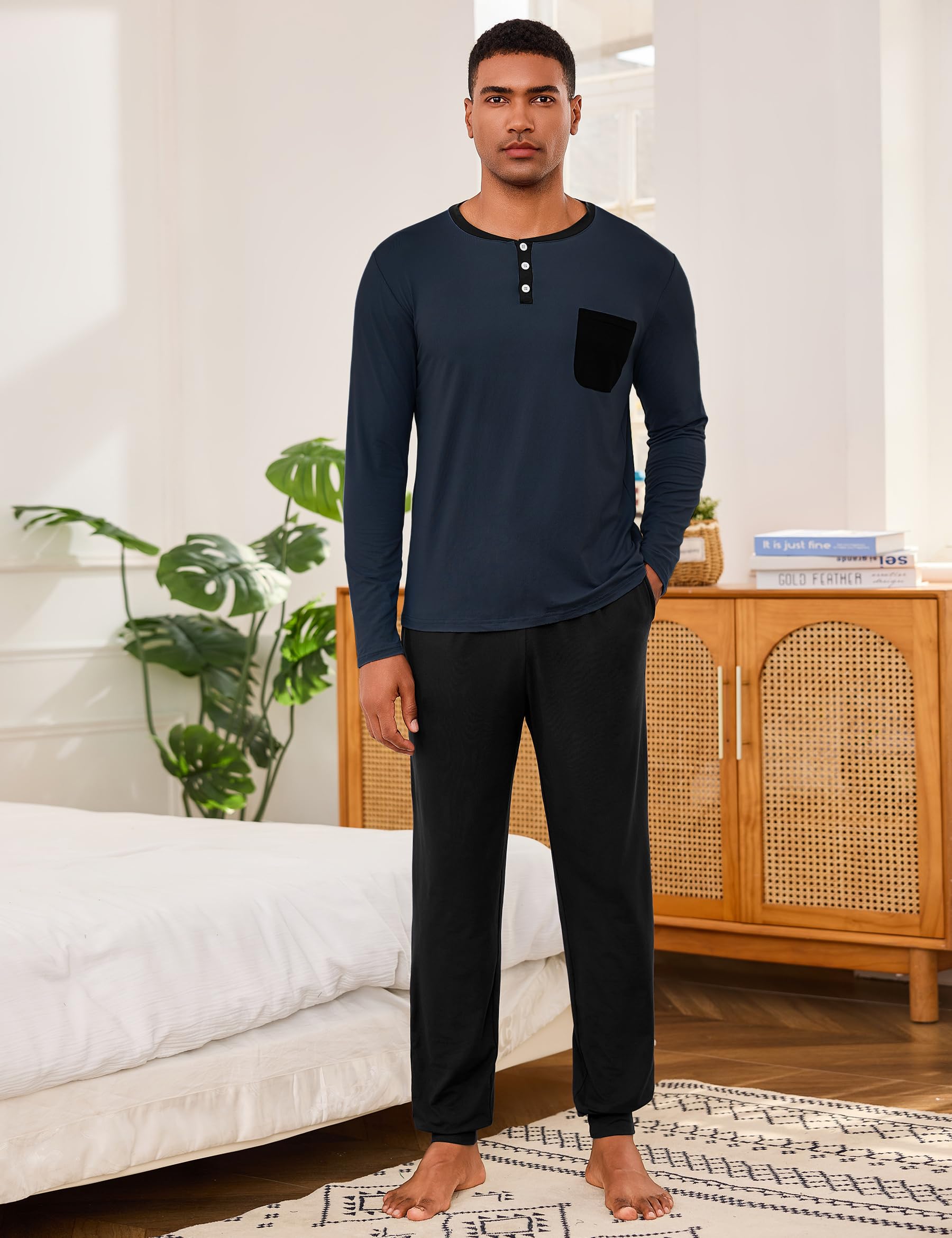 Uniexcosm Pigiama Uomo Cotone Lungo Pigiama A Due Pezzi da Uomo Abbigliamento da Casa