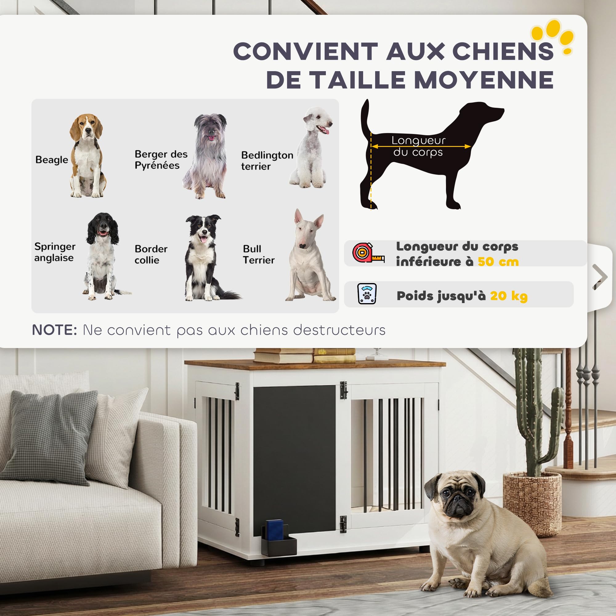 PawHut Jaula para Perros, Jaula para Perros de Interior, con 3 Puertas, Pizarra, Doble función, para Perros medianos de hasta 20 kg, 80 x 60 x 70 cm, Blanco