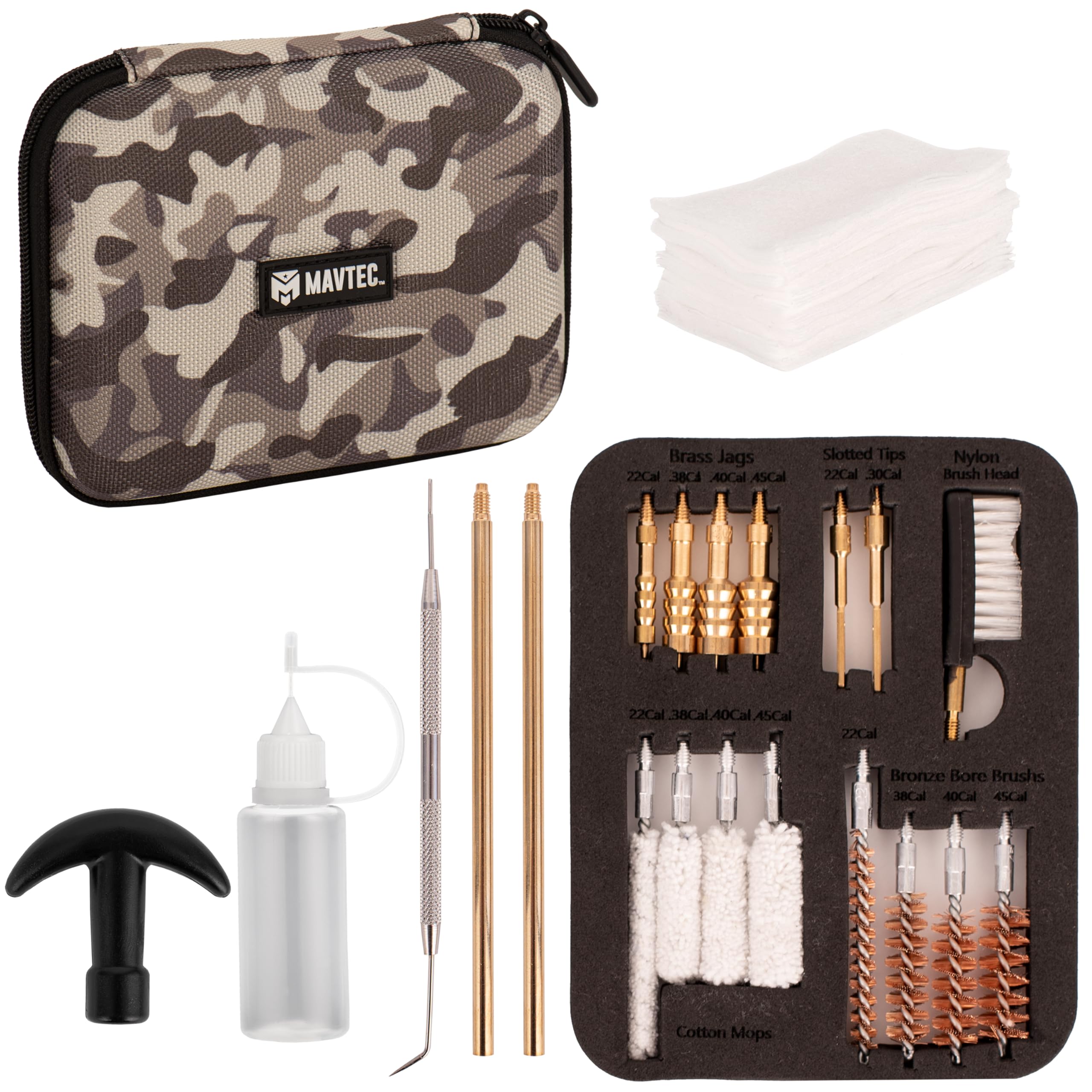 Pistol Cleaning Kit - Complete Handgun Cleaning Solution with Brass Jags, Cotton Bore Mops, and Custom Camo Case for .22, .38, 9mm, .40, .45 Caliber Pistols