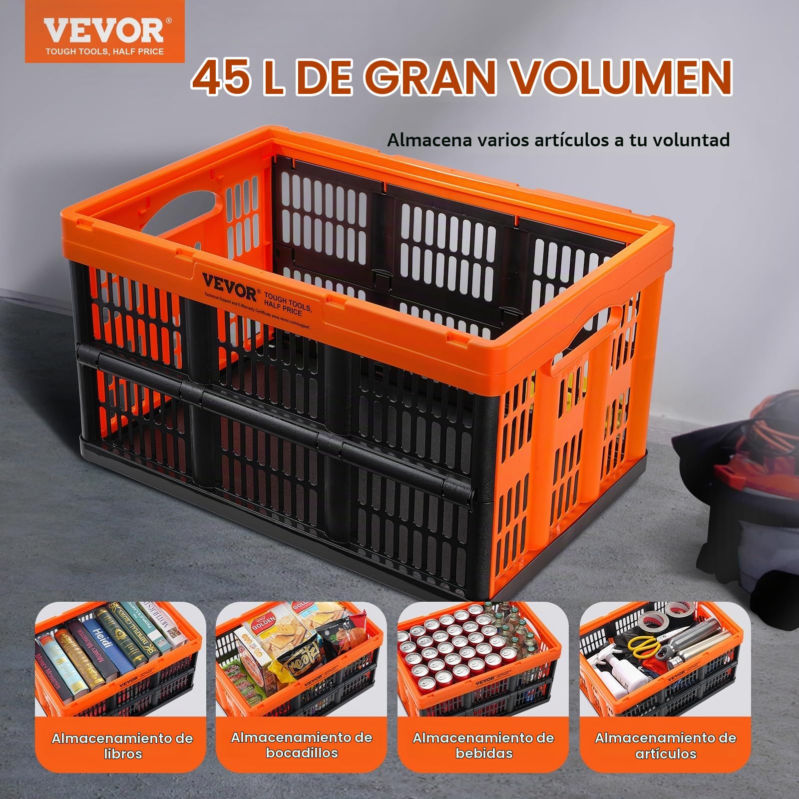 VEVOR Caja de Almacenamiento de Plástico Plegable con Tapas 3 PCS, Cajas de Transporte Apilable 45 L con Asas, Contenedores Grandes y Resistentes para Ropa, Juguetes, Libros, Accesorios, Negro/Naranja