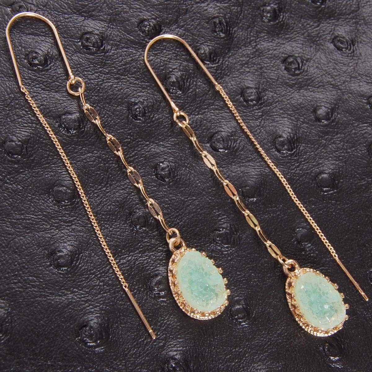 Simulated Druzy Threader Earrings for Women - Gold, Silver, or Rose Gold Tone Long Chain Earrings with Boho Created Geode Stone - Image 3