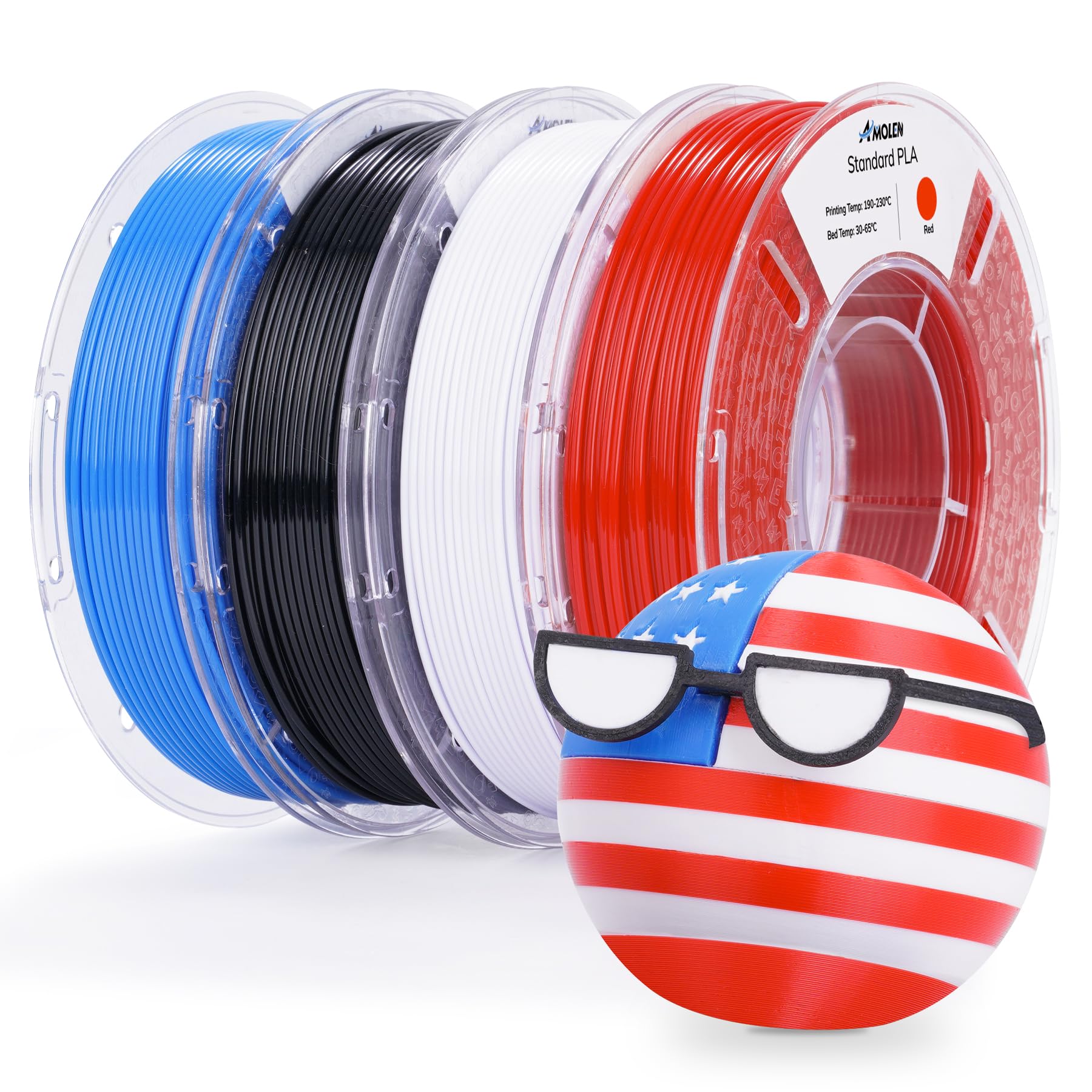 AMOLEN PLA 3D Printing Filament Bundle 1.75mm, Black White Red Blue 250g X 4 Spools Pack 3D Printier Filament, 1KG/2.2 lb in Total, Compatible with Most FDM Printer and 3D Pen