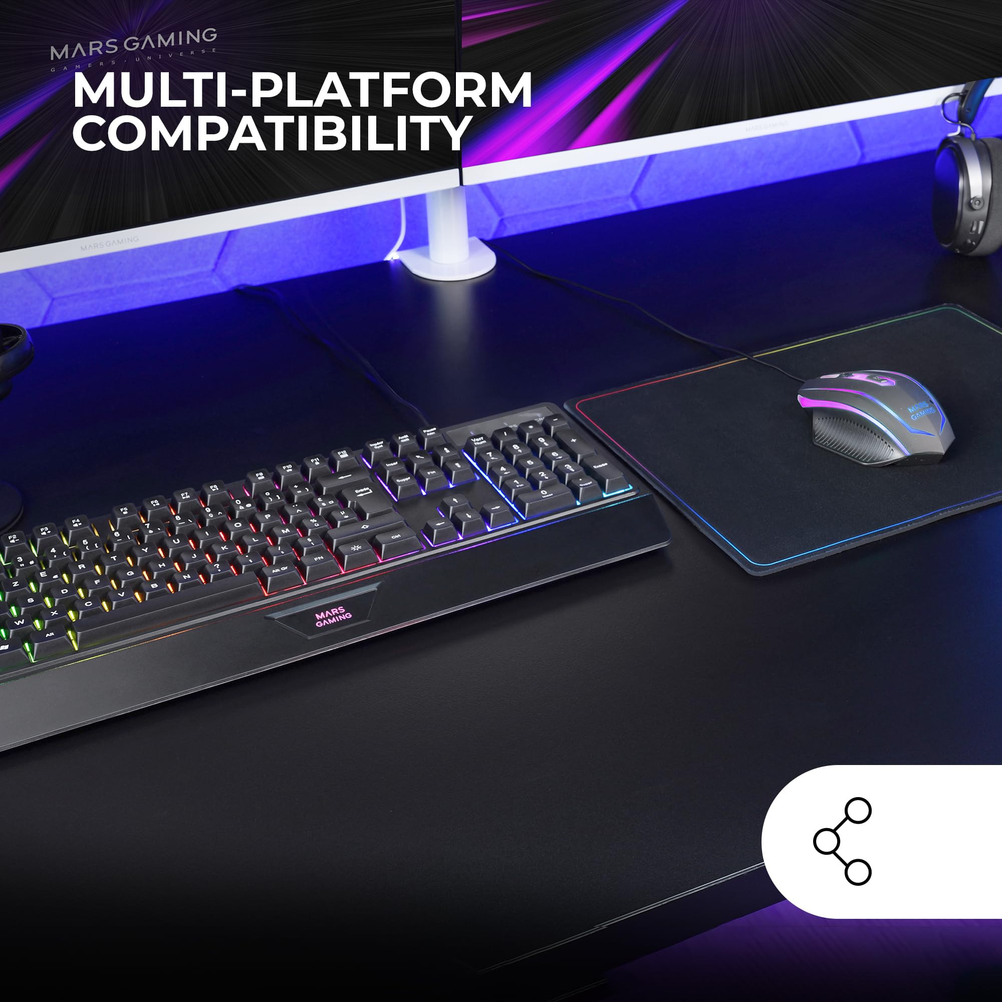 Mars Gaming MCP124, Layout Portugués, Combo Gaming 3en1, Teclado Ergonómico H-Mech LED RGB, Ratón RGB 3200DPI Switches HUANO, Alfombrilla Nanotextil 360x260mm, Compatibilidad Multiplataforma, Negro