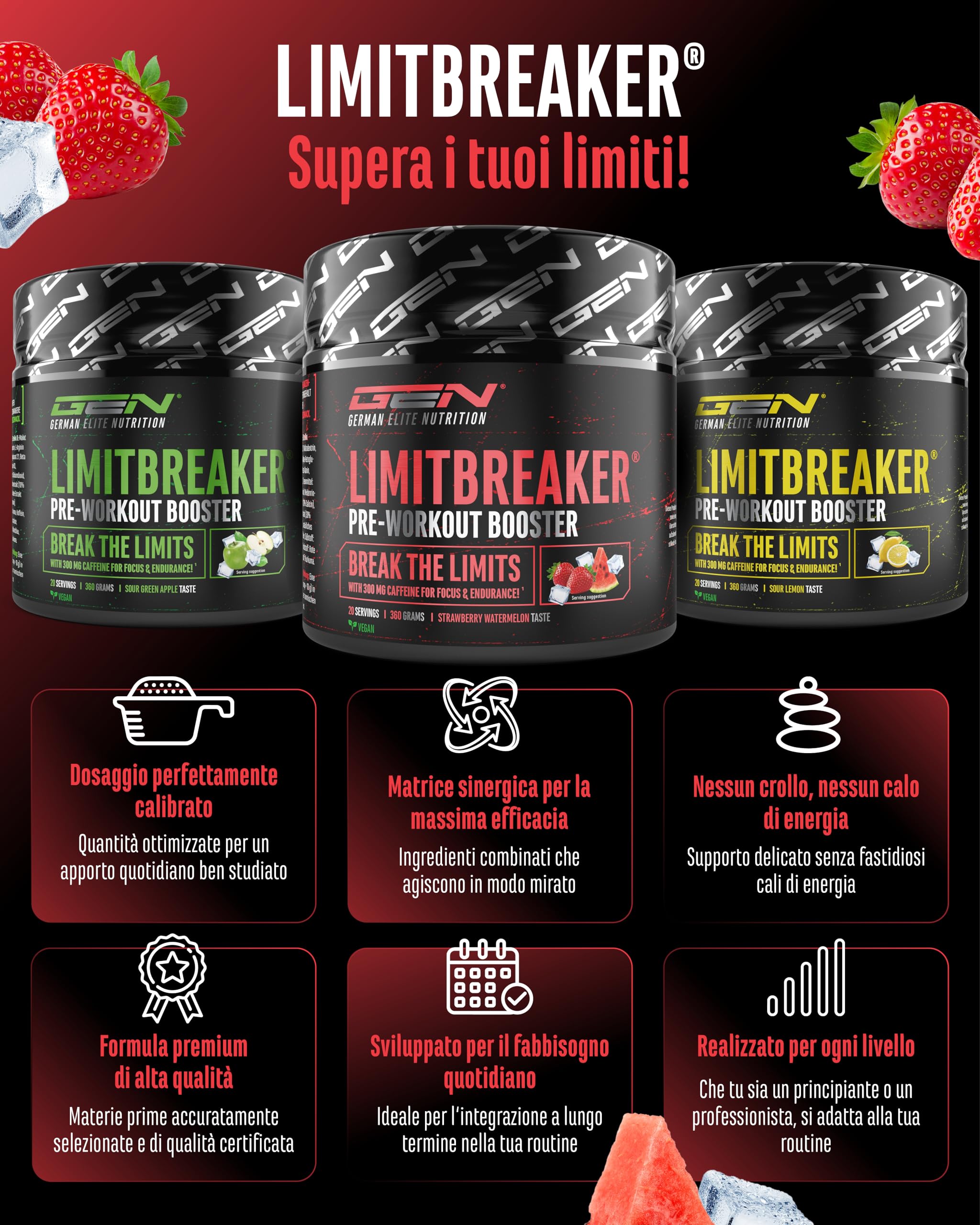 LIMITBREAKER® Pre Workout Booster con 300 mg di Caffeina - Gusto Fragola Anguria - con L Citrullina, AAKG, Beta Alanina e L Teanina - Alto Dosaggio - 360 g di Polvere 20 Porzioni - Vegano