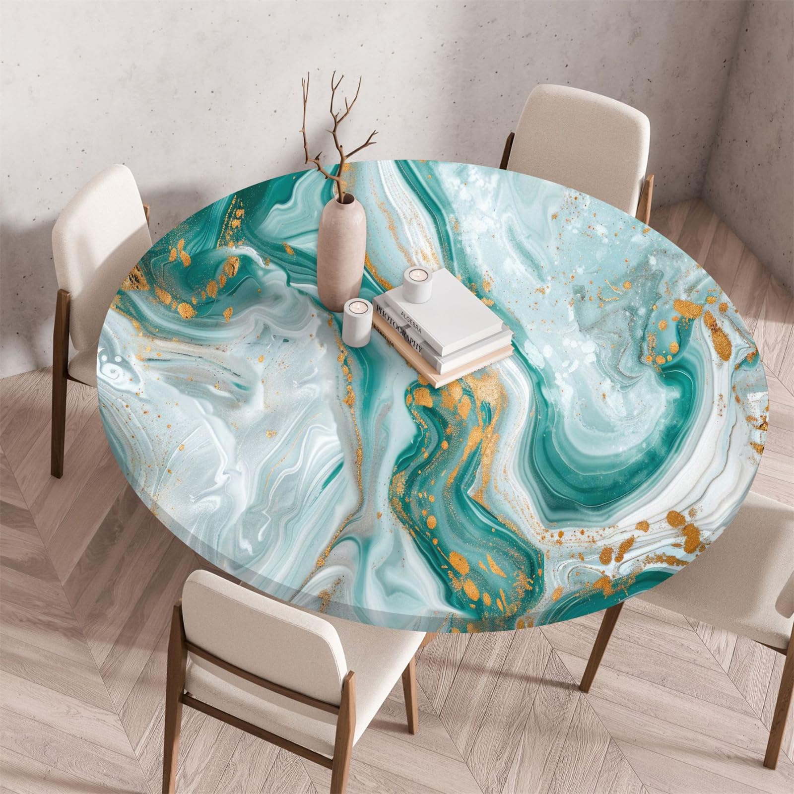 Muiuou Elastic Edged Round Tablecloth,Marble Printing Reusable Wipeable Waterproof Oil-Proof Round Table Cloth Tablecloth,for Dinning Room Kitchen Home Decoration (Diameter 90cm,Marble 1)