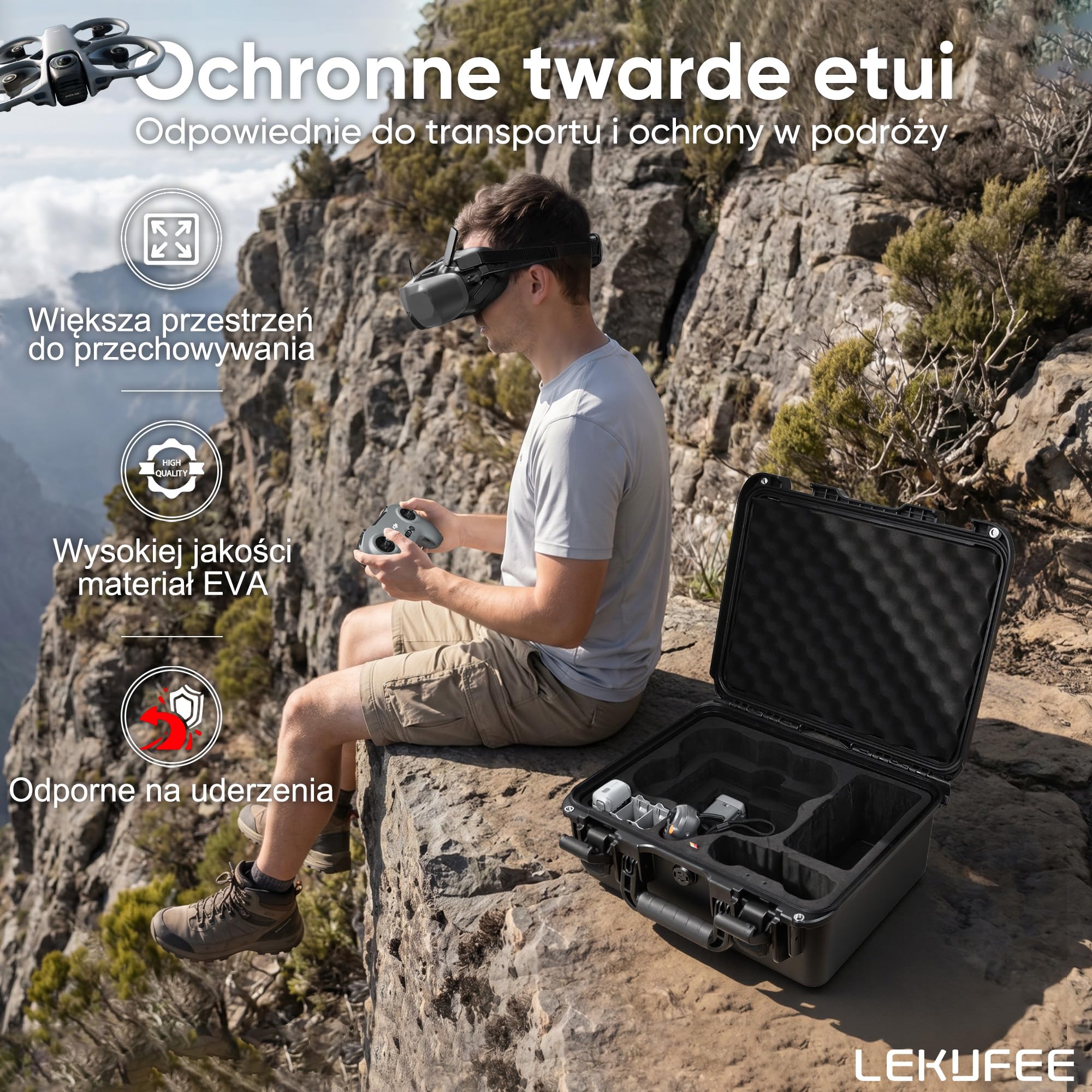 Lekufee Wodoodporna twarda walizka transportowa do drona DJI Avata 360, Motion Fly More Combo, baterii (5 szt.), Goggles N3/3, RC Motion 3, DJI RC 2/N3/N2, kontrolera FPV 3 oraz akcesoriów (tylko w