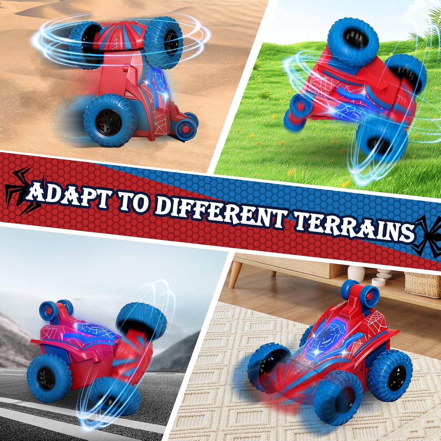 Spider Remote Control Car, 360°Rotation Rc Stunt Car with Cool Flashing Light, Superhero Car Toys for Kid, Indoor & Outdoor 4wd Toy Car, Birthday Gift for Boy Ages 3 4 5 6 7 8 9 10 11 12