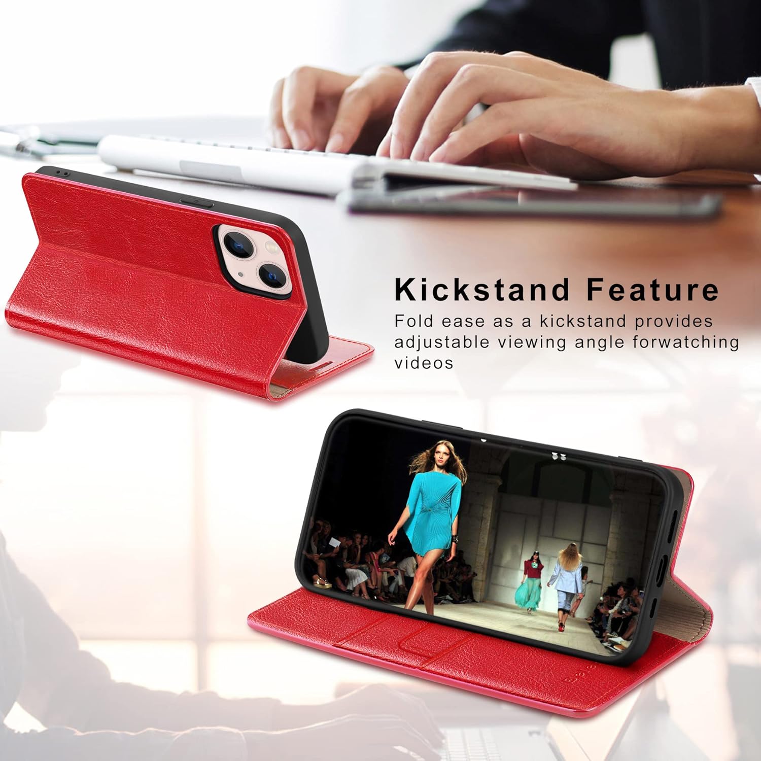 Belemay Case Compatible with iPhone 15 Wallet Case-Genuine Leather-RFID Blocking Card Holders-Shockproof TPU Shell-Kickstand-Durable Flip Cover-Book Folding Phone Case Women Men (6.1-inch) Red