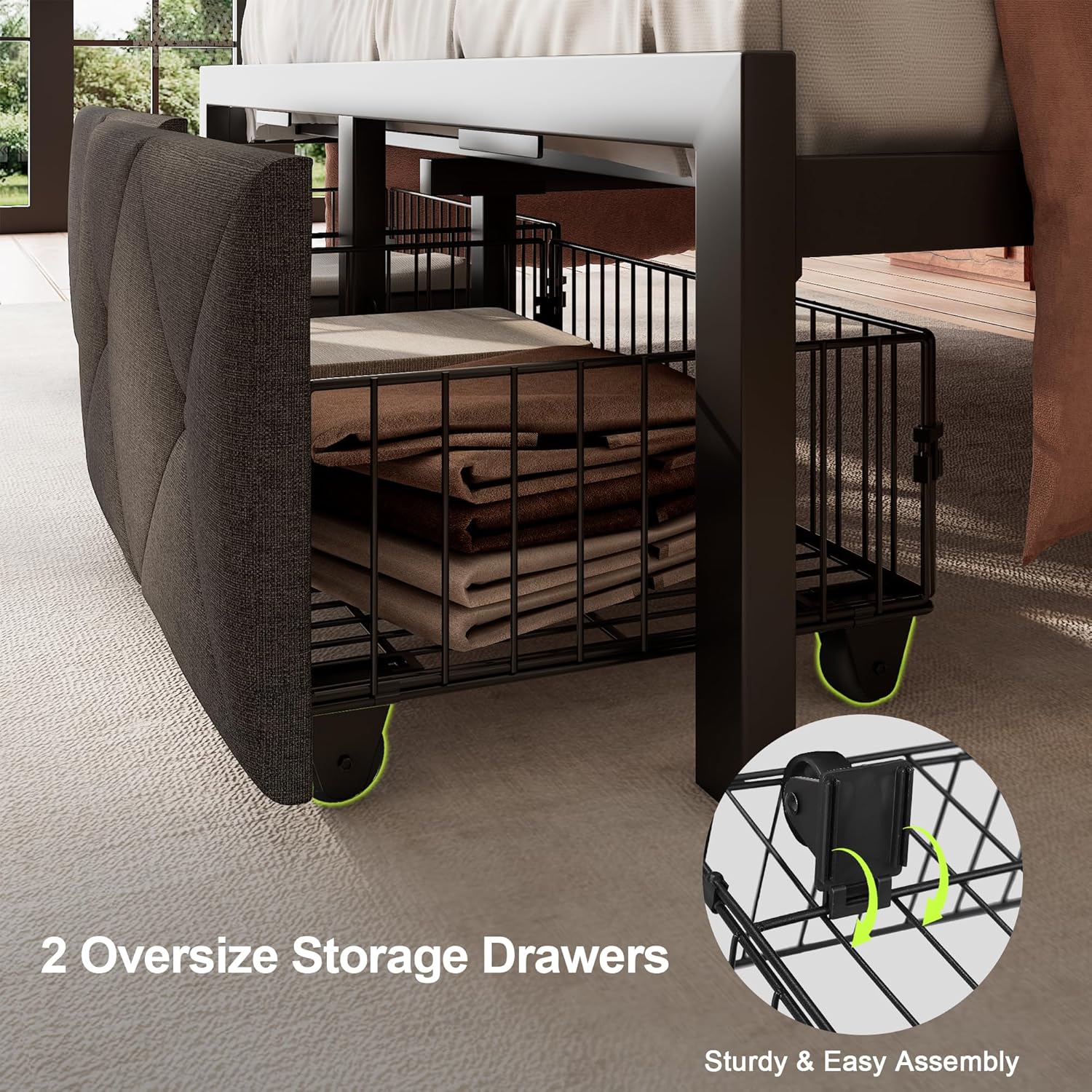 Feonase Full Size Metal Bed Frame with 2 Storage Drawers, Storage Headboard with Charging Station, Platform Bed Upholstered Button Tufted, Steel Slats Support, No Box Spring Needed, Noise-Free, Grey