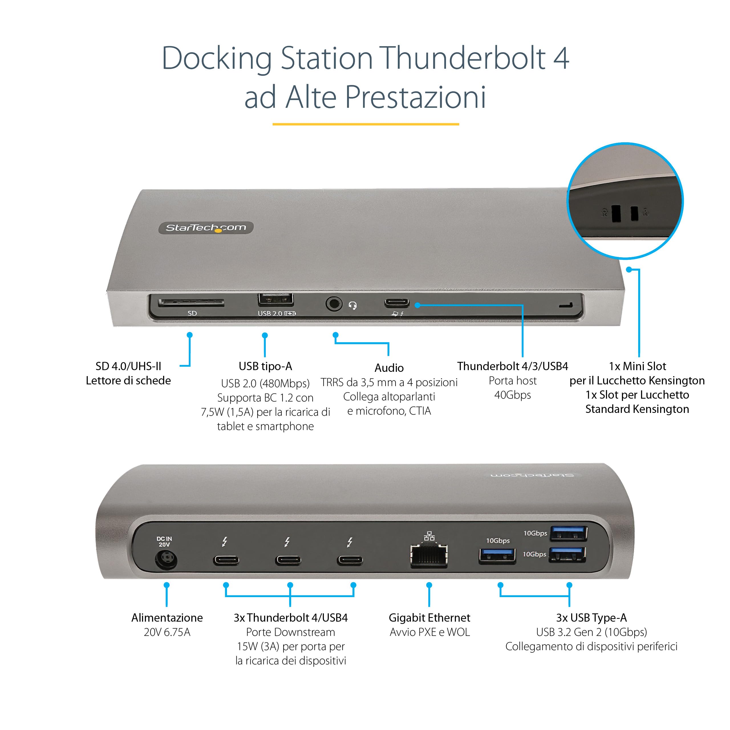 StarTech Docking Station TB4 Doppio 4K 60Hz o 8K, 96W PD, 4x USB-A, GbE