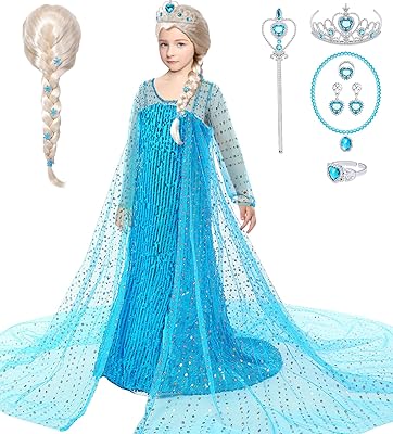 G.C Girls Elsa Frozen Dress Costume Princess Dress Up Clothes with Long Cape Kids Toddler Wig Crown Wand Jewelry Necklace Accessories Halloween Cosplay Birthday Party Supplies