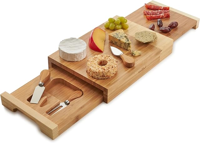 VonShef Cheese Board with Knives Set, Two-Tone Natural Bamboo Charcuterie Serving Platter with Easy to Clean Slide-Out Drawer, Knife Tray & Gift Box