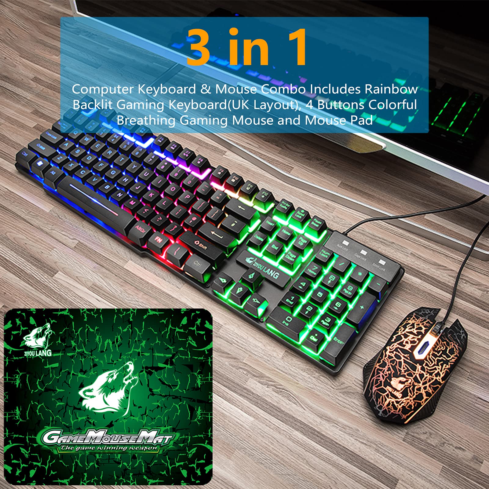 Set tastiera da gioco con cuffie e mouse, 104 tasti arcobaleno retroilluminato, tastiera britannica, 2400 dpi, suono surround 7.1 RGB leggero a nido d'ape, tappetino per mouse combo per PS4 Xbox